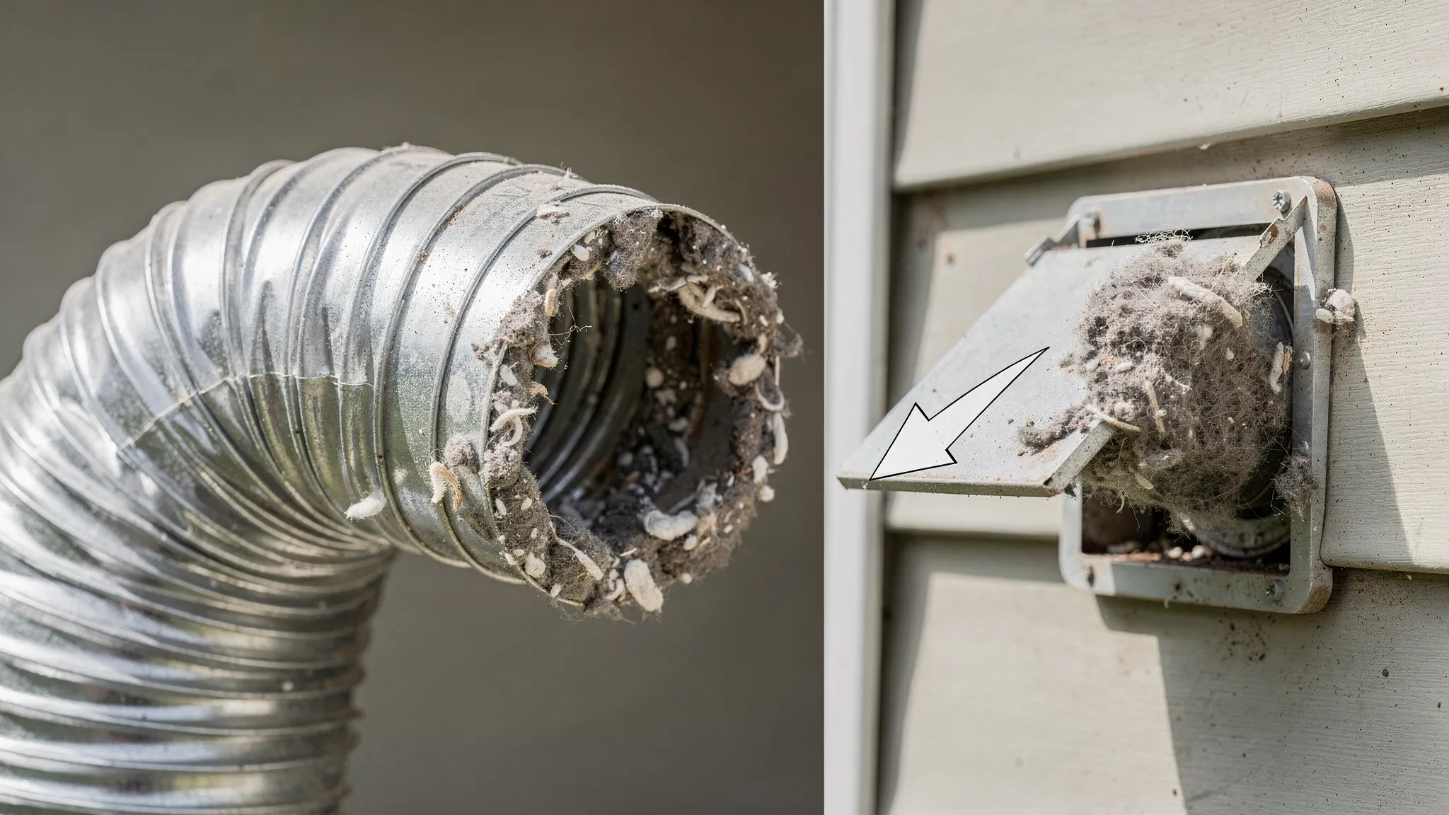 A close-up of a partially clogged dryer vent hose with visible lint buildup near the elbow, plus an exterior vent hood with a stuck flap, illustrating restricted airflow.
