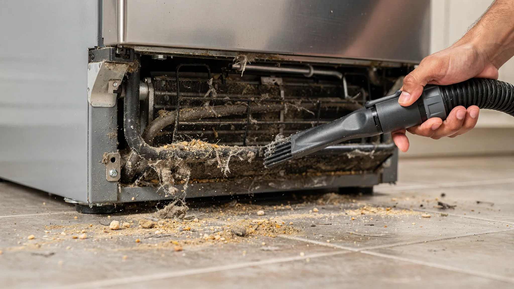 A close-up of a refrigerator lower front grille removed, with a vacuum crevice tool cleaning dusty condenser coils and debris from the floor area beneath the fridge.