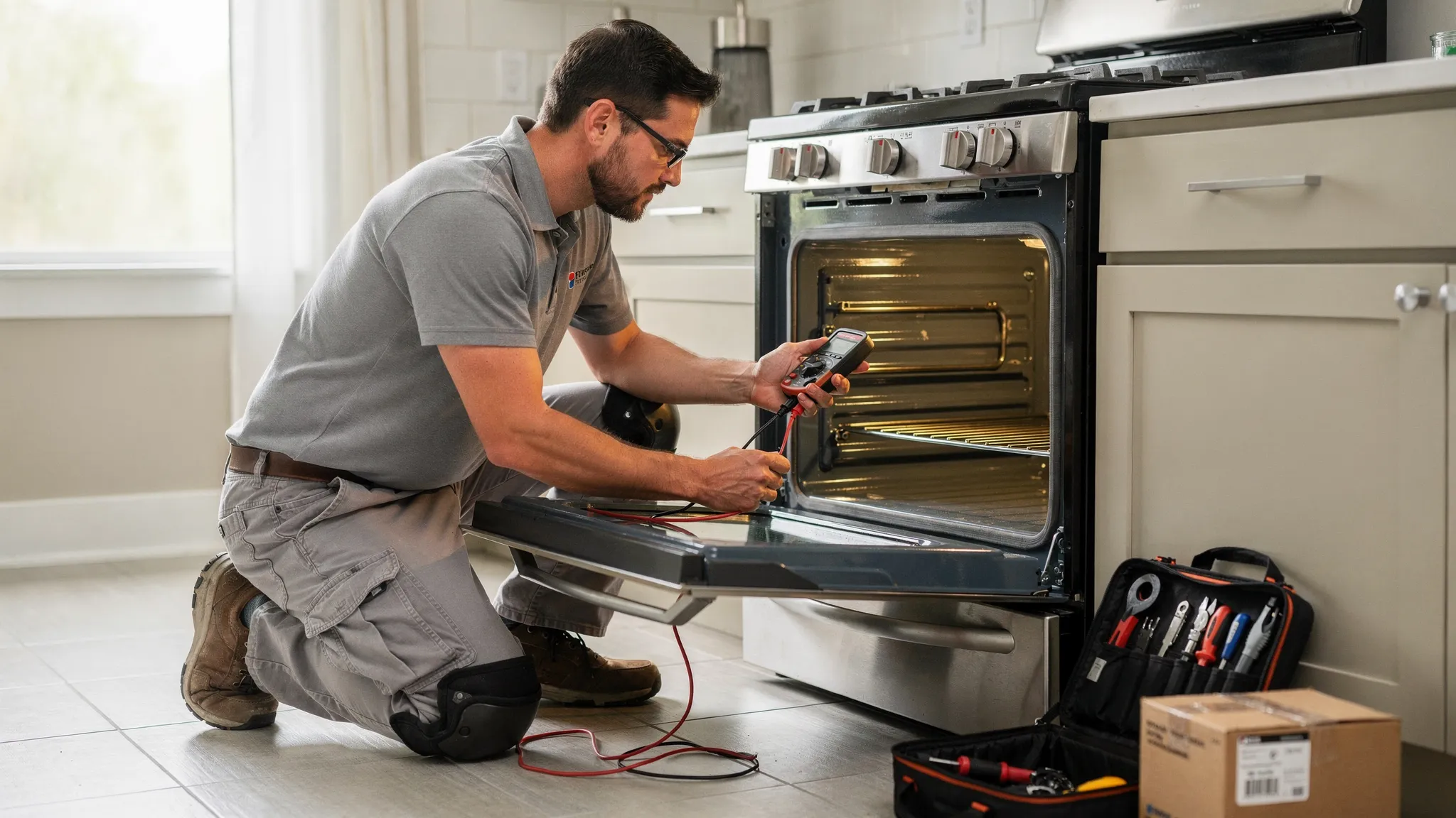 A home appliance technician kneels in front of an electric range with the oven door open, using a multimeter to test a heating element connection. The kitchen is tidy, and the technician has a small tool bag and replacement part box nearby.