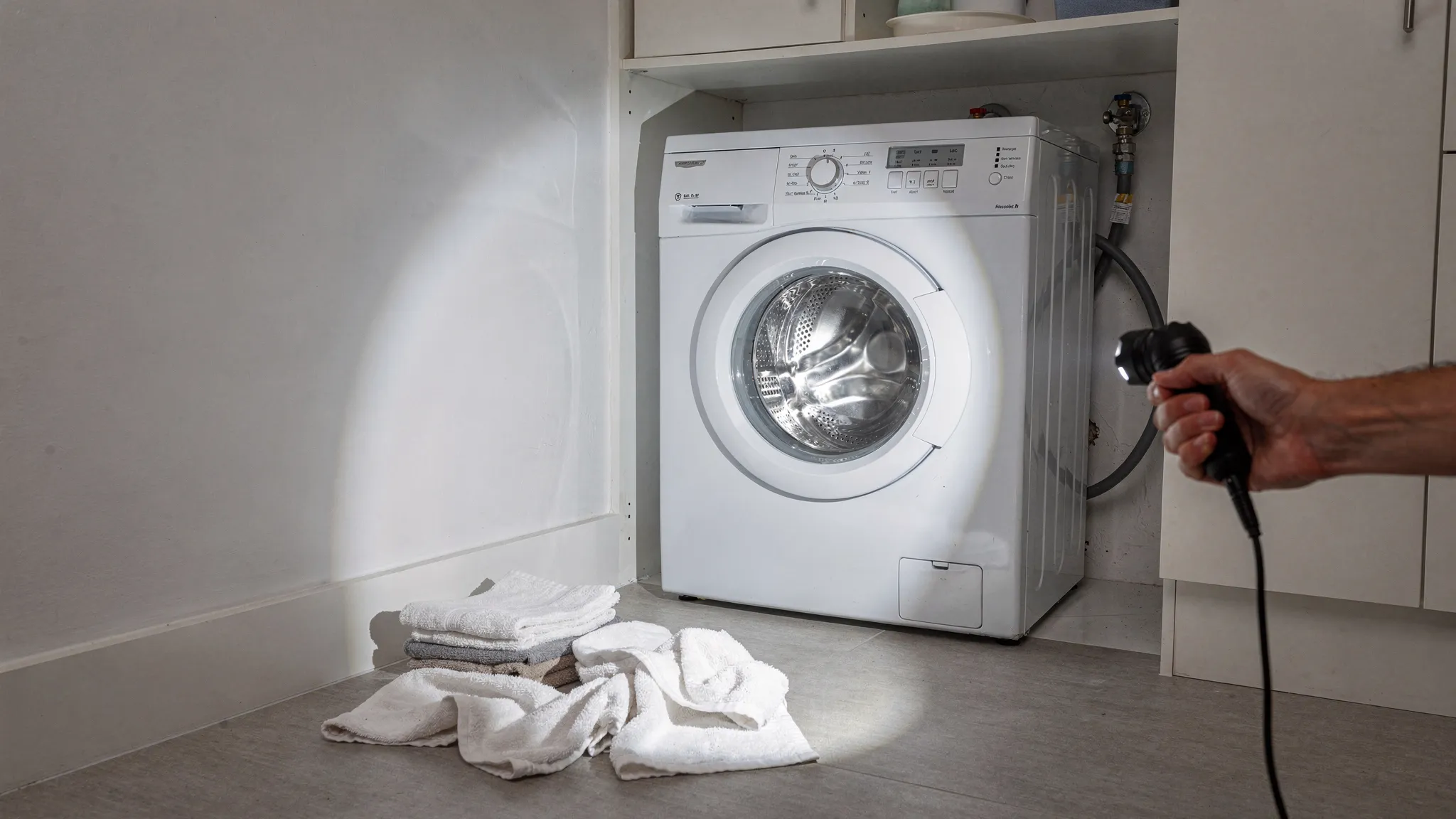 A home laundry area with a washing machine pulled slightly forward, towels on the floor, and a flashlight aimed at the back panel where water supply hoses connect.