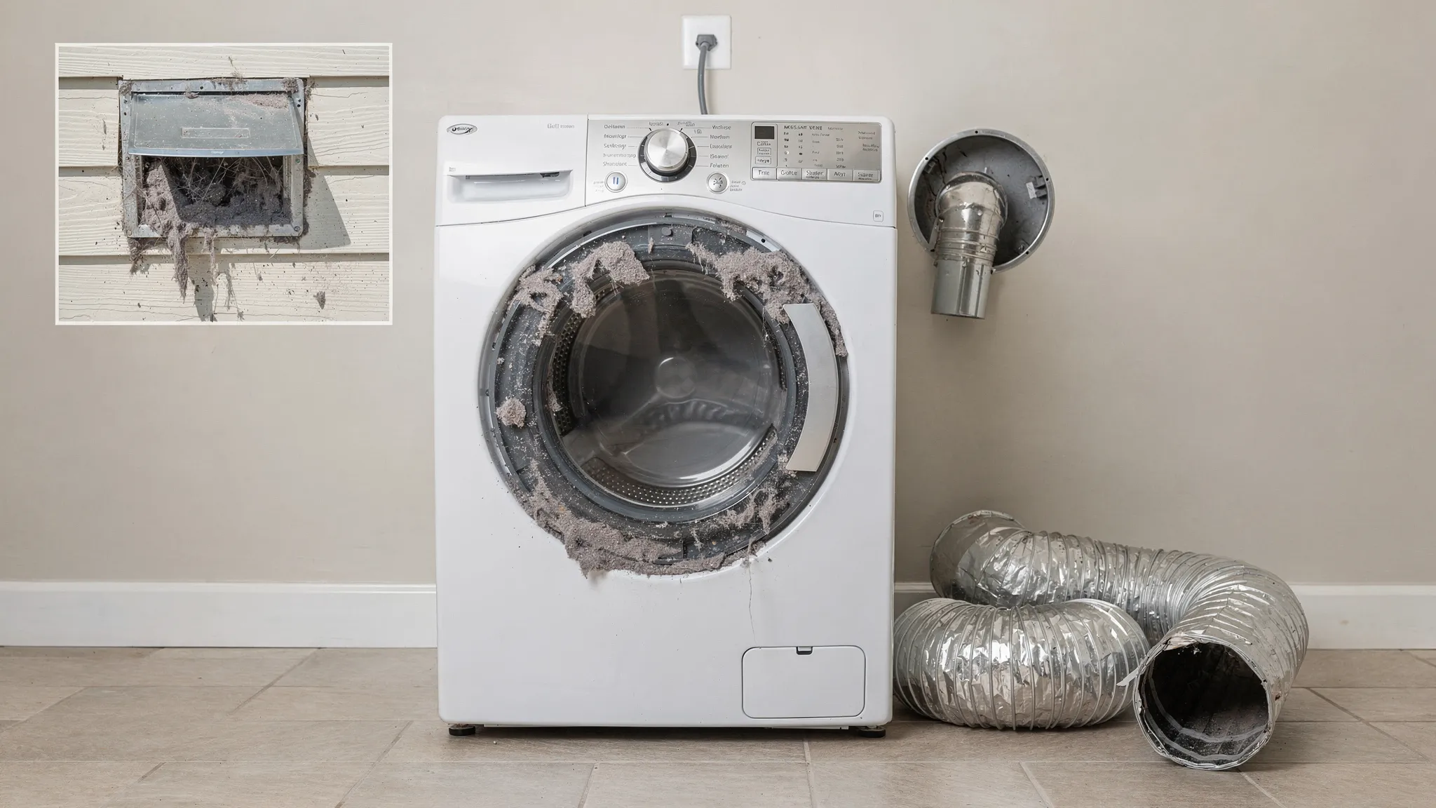 A home laundry setup showing a clothes dryer with the vent hose removed, visible lint buildup around the lint screen area, and a clear view of a wall vent connection and exterior vent hood, illustrating common airflow restriction points.