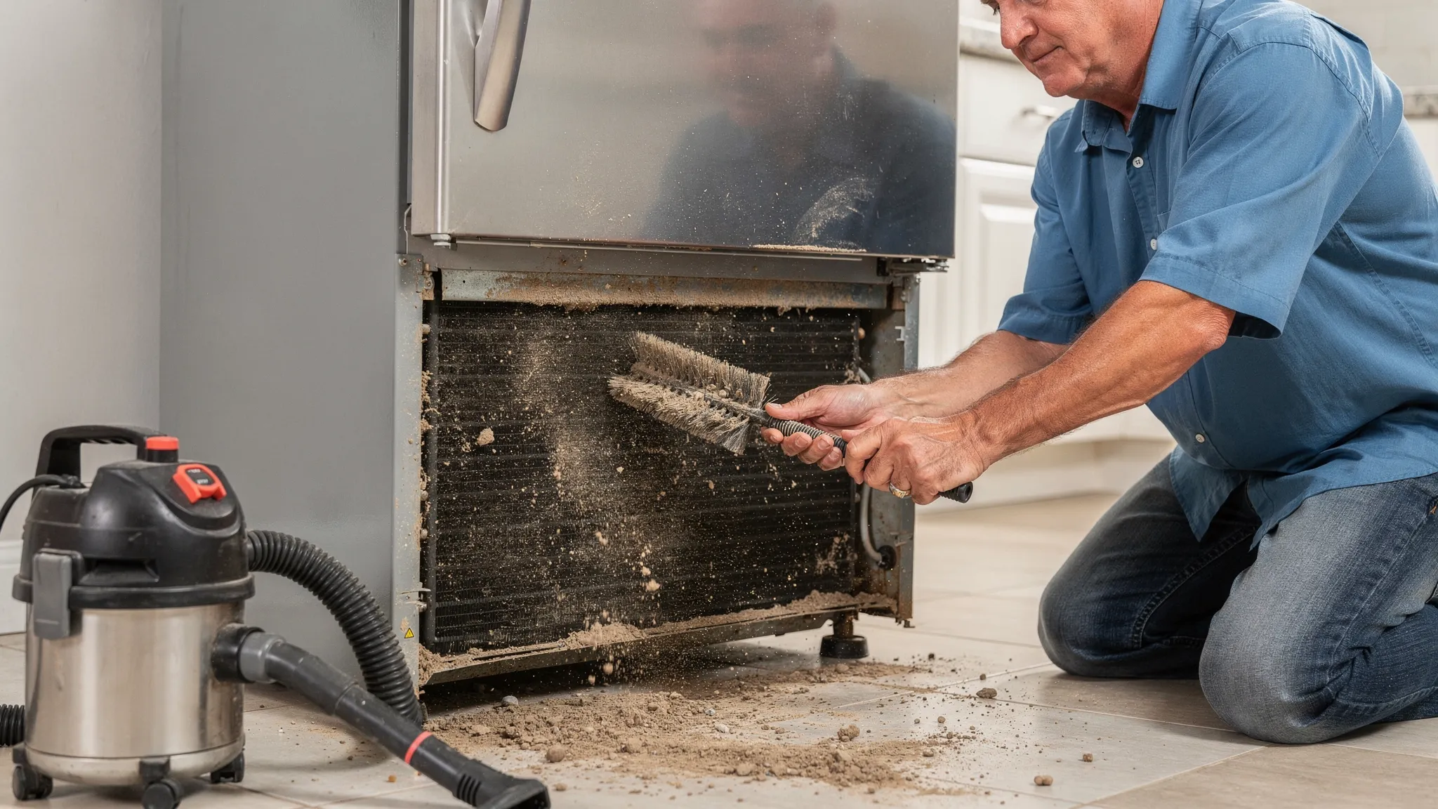 A homeowner cleaning refrigerator condenser coils with a coil brush and vacuum, with the fridge pulled slightly away from the wall, showing dust buildup being removed safely.