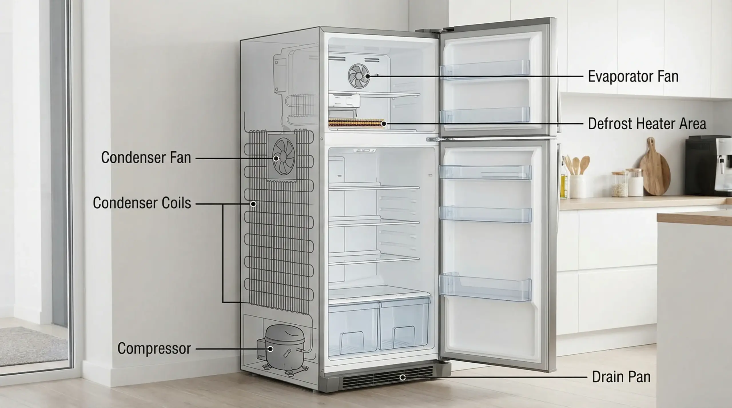 A labeled illustration of a refrigerator showing the compressor, condenser fan, condenser coils (or rear condenser), evaporator fan in the freezer, defrost heater area, and drain pan at the bottom.