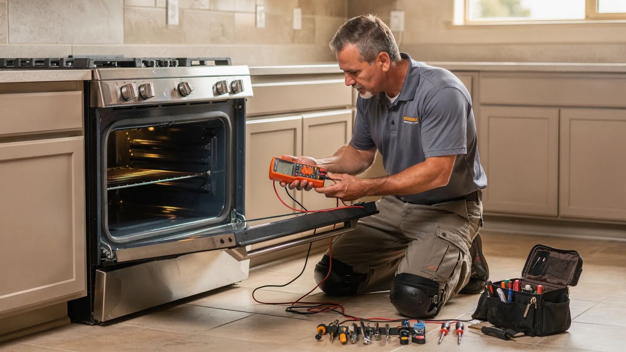 A Phoenix-area appliance technician kneels in front of a stainless steel kitchen range, using a multimeter to test oven components with the oven pulled slightly forward. The scene shows a tidy desert-home kitchen and basic tools nearby.