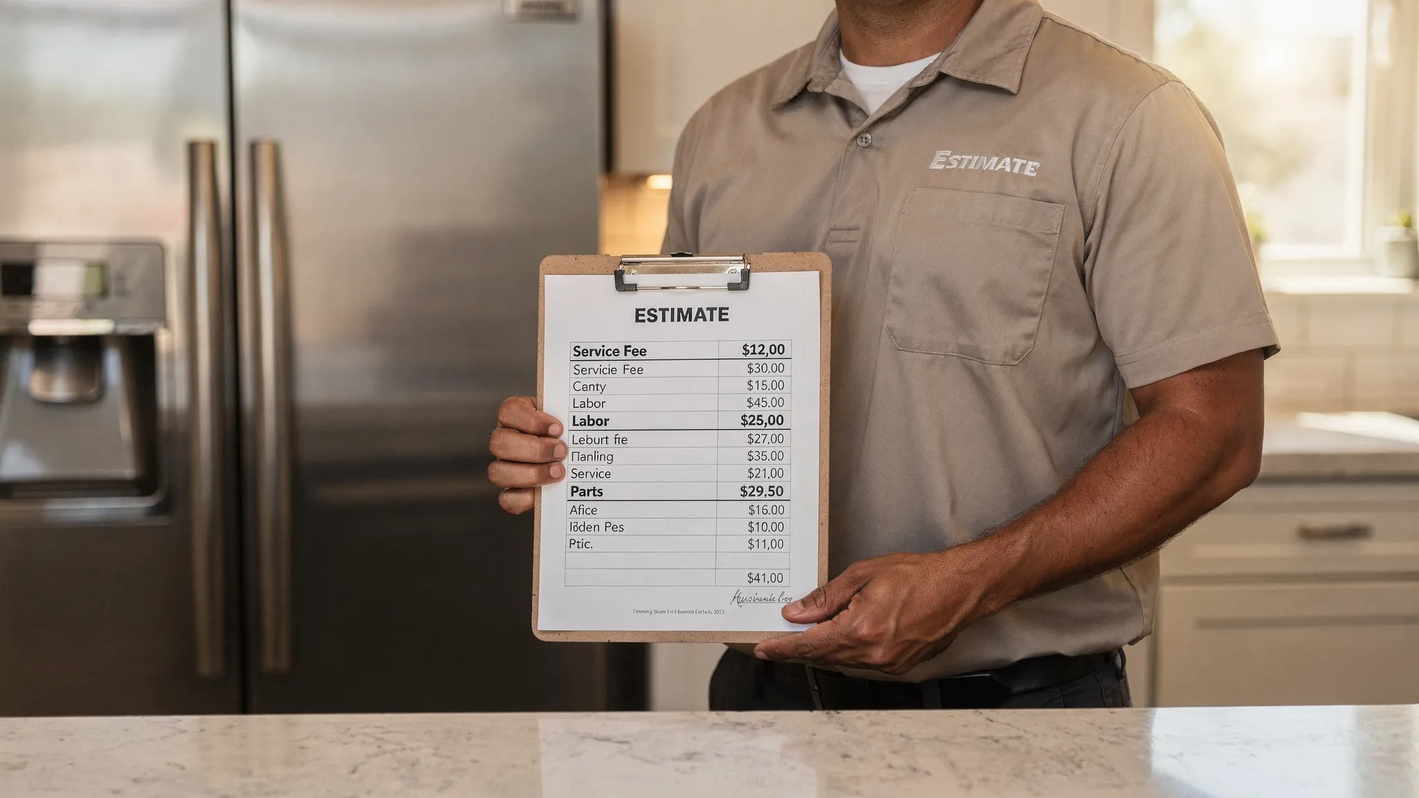 A Phoenix-area home technician standing next to a kitchen appliance with a clipboard, showing an itemized estimate page with clear line items for service fee, labor, and parts.