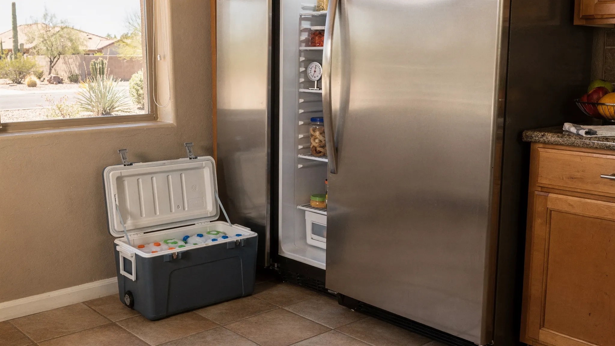 A Phoenix-area kitchen scene with a refrigerator door closed, a small appliance thermometer visible on a shelf inside through a slightly open door, and a cooler with ice packs staged nearby for emergency food storage.