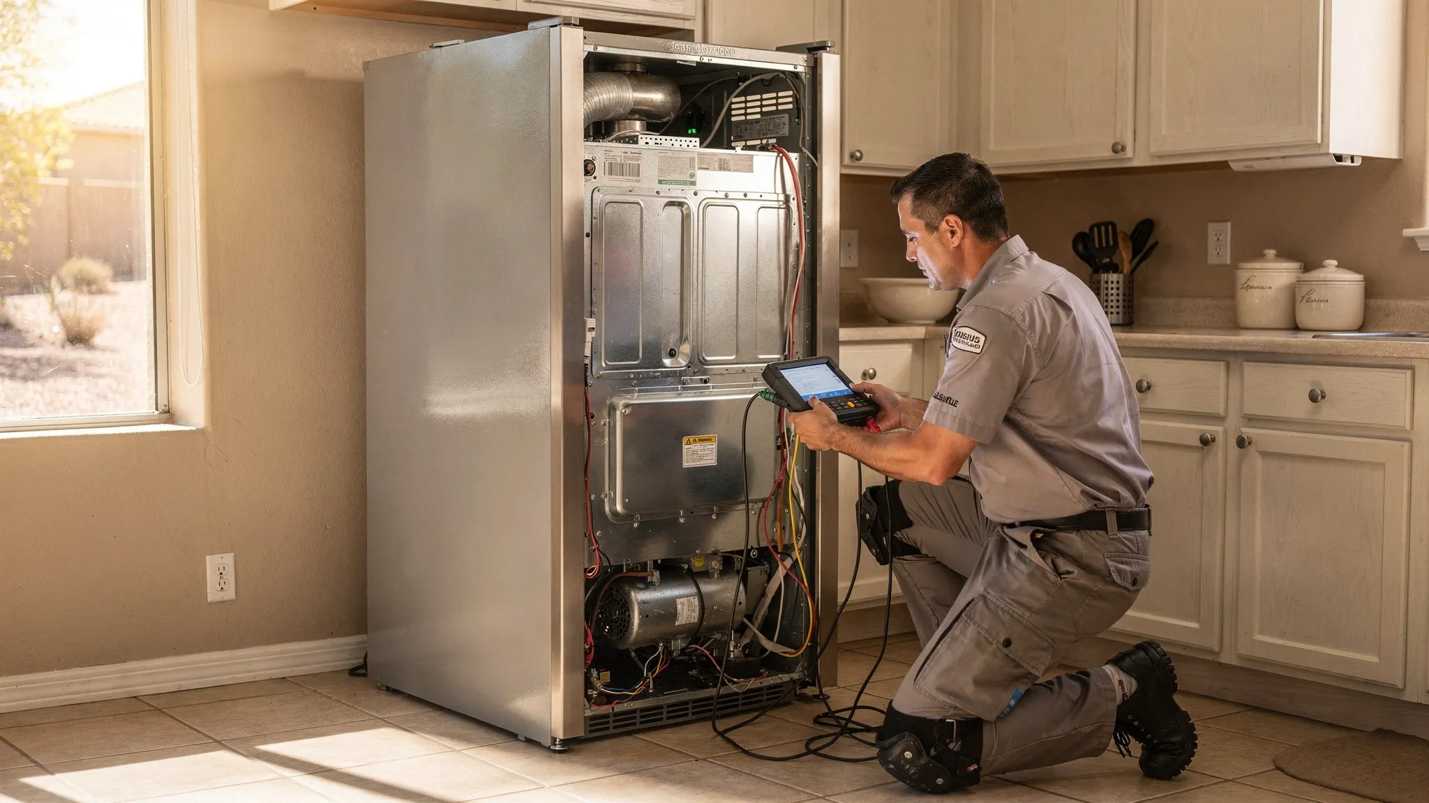 A Phoenix-area kitchen with a refrigerator pulled slightly away from the wall while a uniformed appliance technician kneels beside the unit, checking a diagnostic device and inspecting the back panel. The scene shows a clean, typical suburban home kitchen with warm desert light coming through a window.