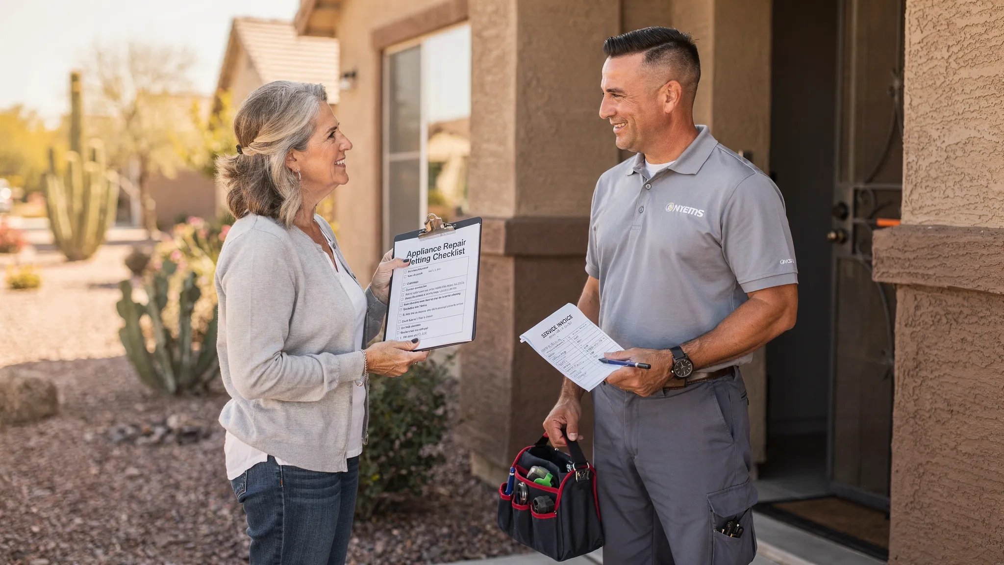A Phoenix homeowner holding a simple appliance repair vetting checklist on a clipboard while speaking with a uniformed technician at the front door. The technician carries a small tool bag and a clean invoice pad, suggesting a professional, transparent service call.