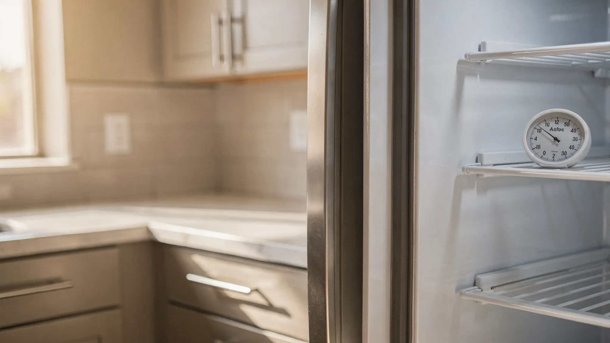 A Phoenix kitchen scene with a refrigerator door slightly ajar and a simple fridge thermometer visible on a shelf, emphasizing temperature and seal checks.
