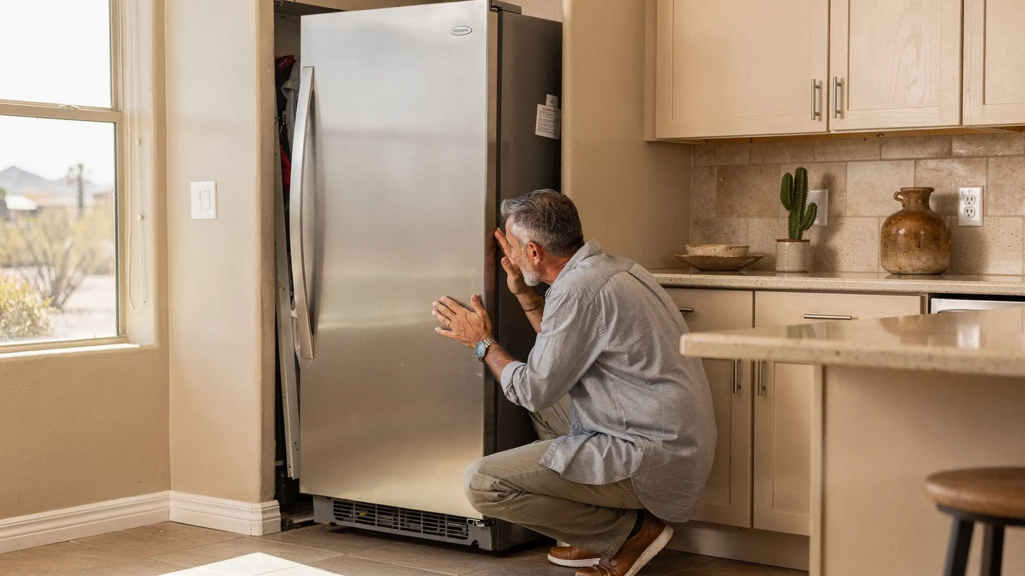 A Phoenix kitchen scene with a refrigerator slightly pulled away from the wall while a homeowner checks the back airflow clearance and listens near the bottom vent area.