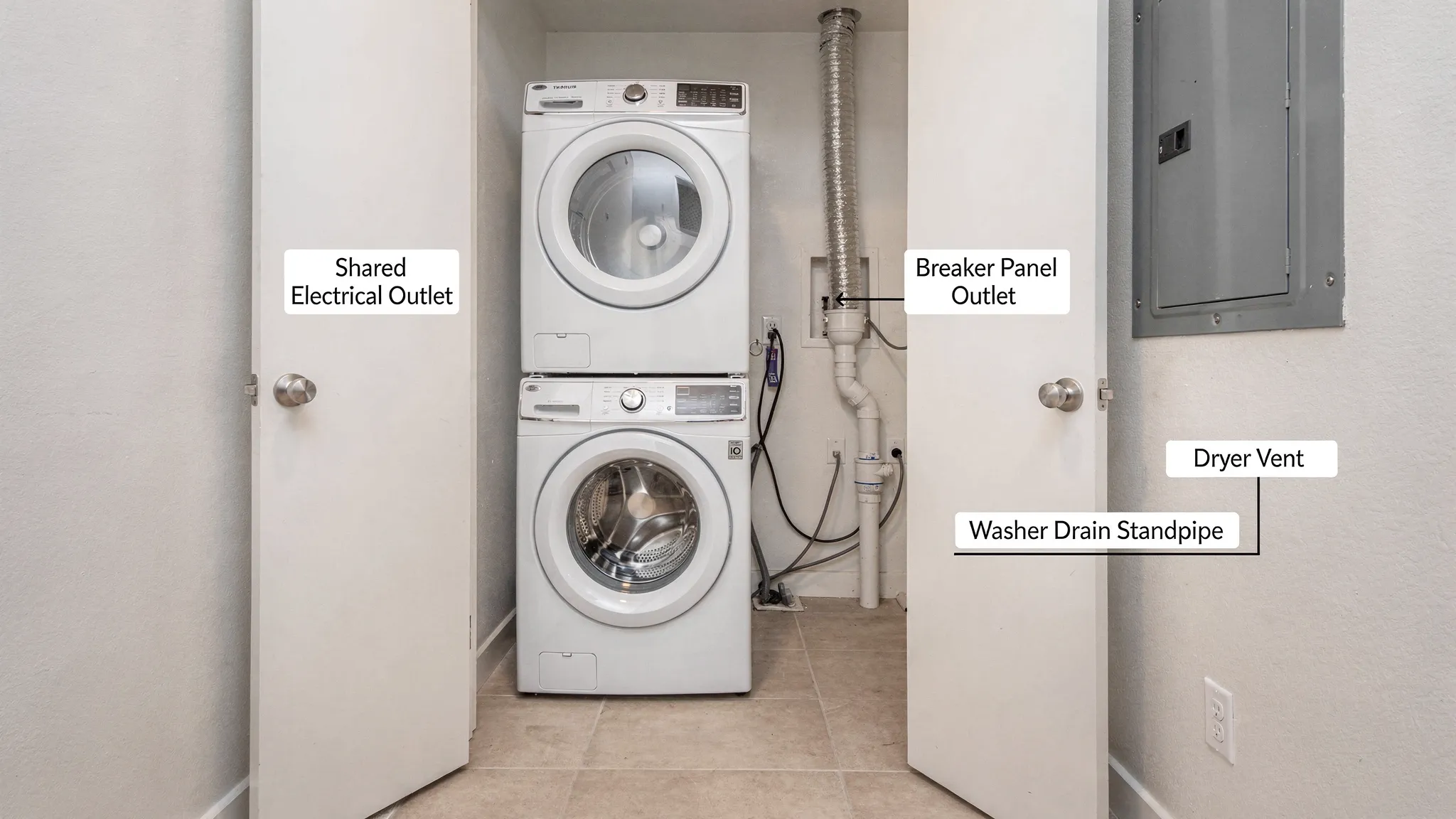 A Phoenix laundry closet with a stacked washer and dryer, showing a shared wall outlet, a nearby breaker panel door, a dryer vent hose routing, and the washer drain standpipe, all clearly visible as shared points of failure.