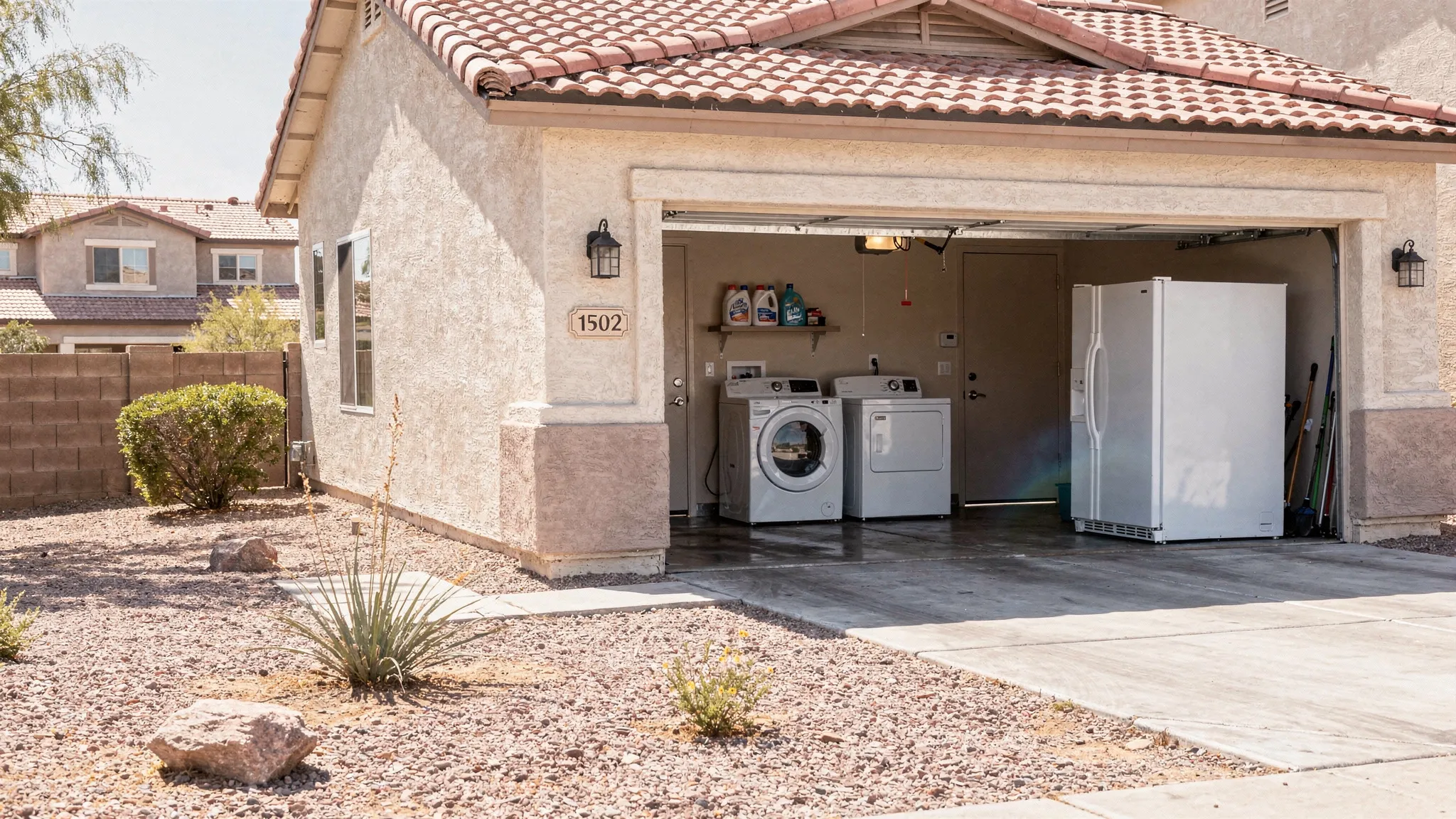 A Phoenix suburban home in bright summer sun with a refrigerator in a garage, a laundry area nearby, and visible heat shimmer outside, illustrating how extreme ambient heat stresses household appliances.