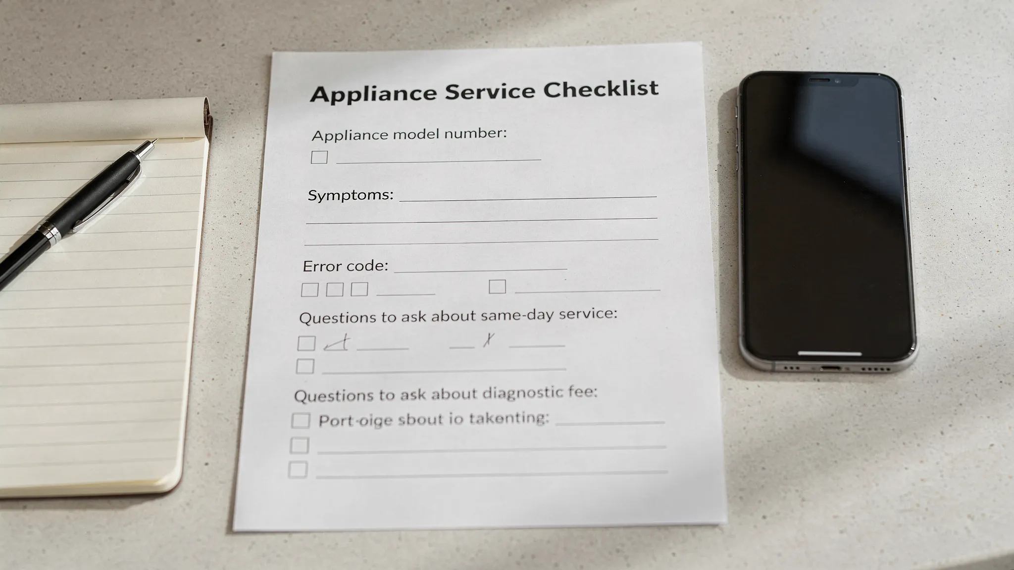 A simple checklist on a kitchen countertop next to a phone and a notepad, showing fields to fill in: appliance model number, symptoms, error code, photos taken, and questions to ask about same-day service and diagnostic fee.