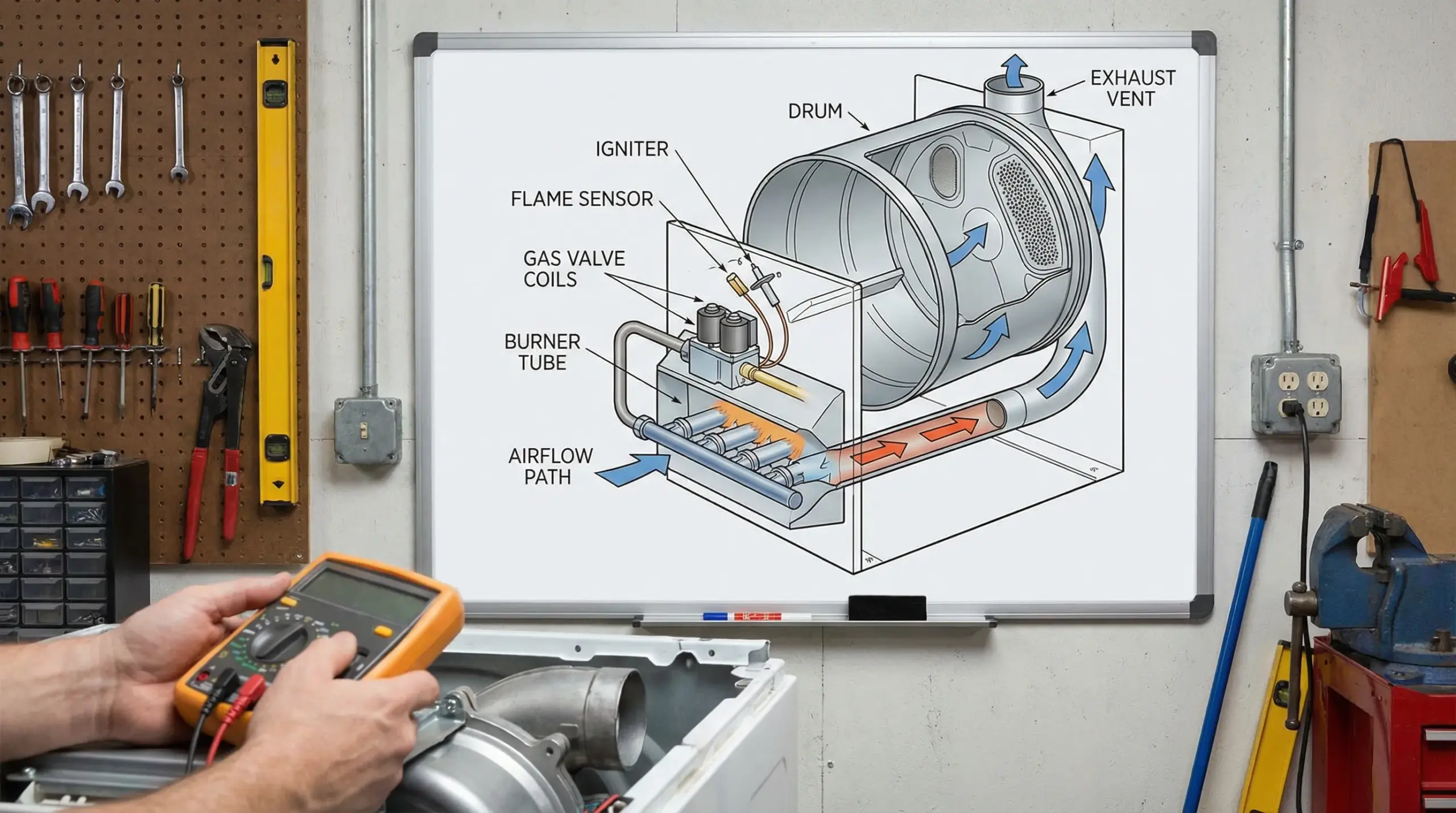 A simple cutaway illustration of a gas dryer heating system showing the igniter, flame sensor, gas valve coils, burner tube, and airflow path through the drum to the exhaust vent.