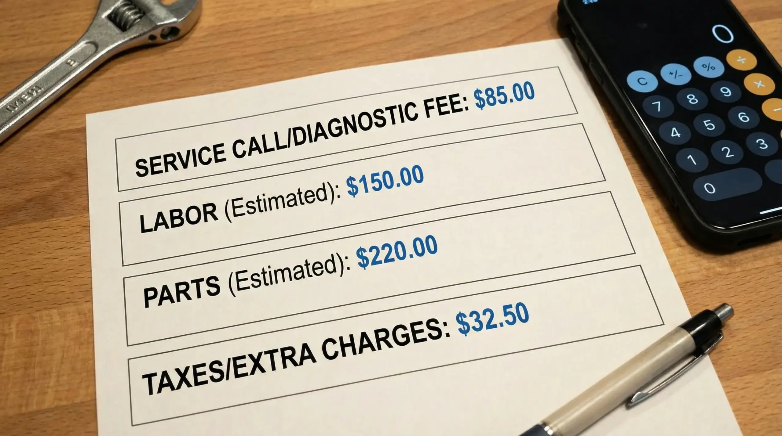 A simple invoice-style graphic that shows an appliance repair estimate broken into four labeled sections: service call/diagnostic fee, labor, parts, and taxes/extra charges.