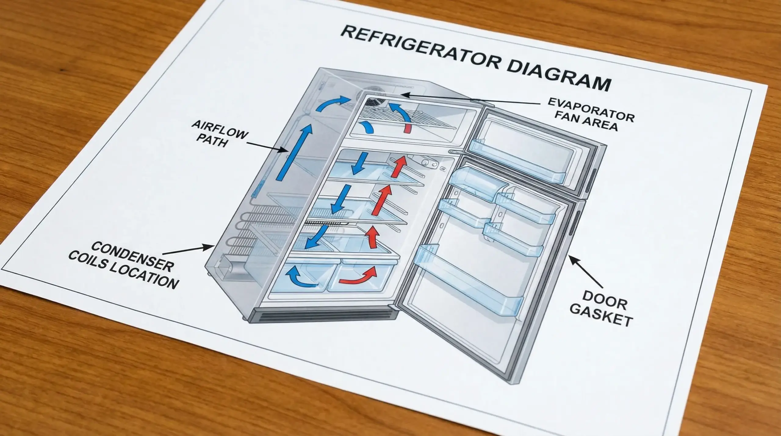 A simple labeled cutaway diagram of a refrigerator showing airflow path, condenser coils location, evaporator fan area, and door gasket, with 4 clear labels total.