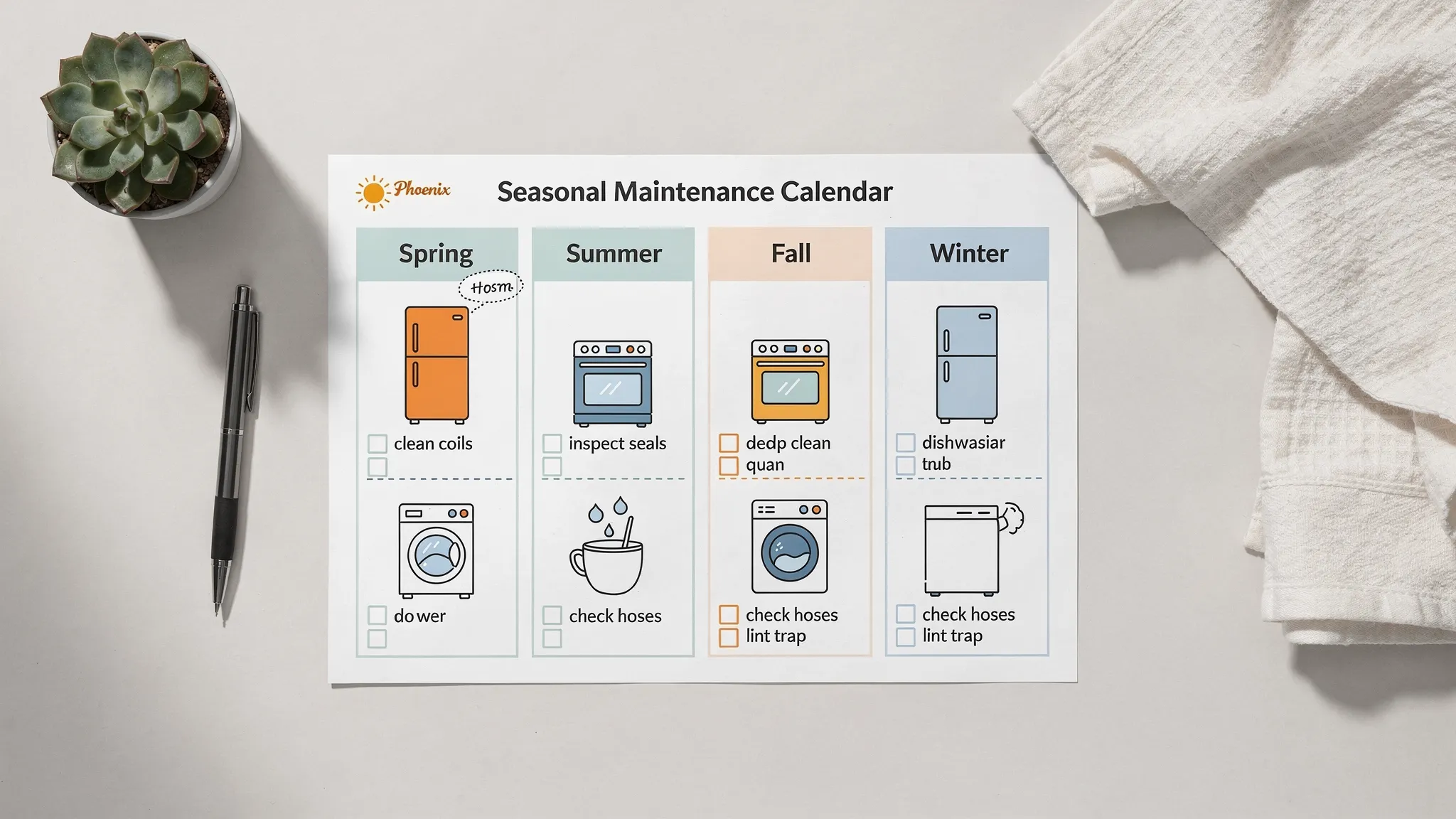 A simple seasonal maintenance calendar for Phoenix homes showing icons for refrigerator, oven, dishwasher, washer, and dryer, with tasks labeled for spring, summer, fall, and winter.