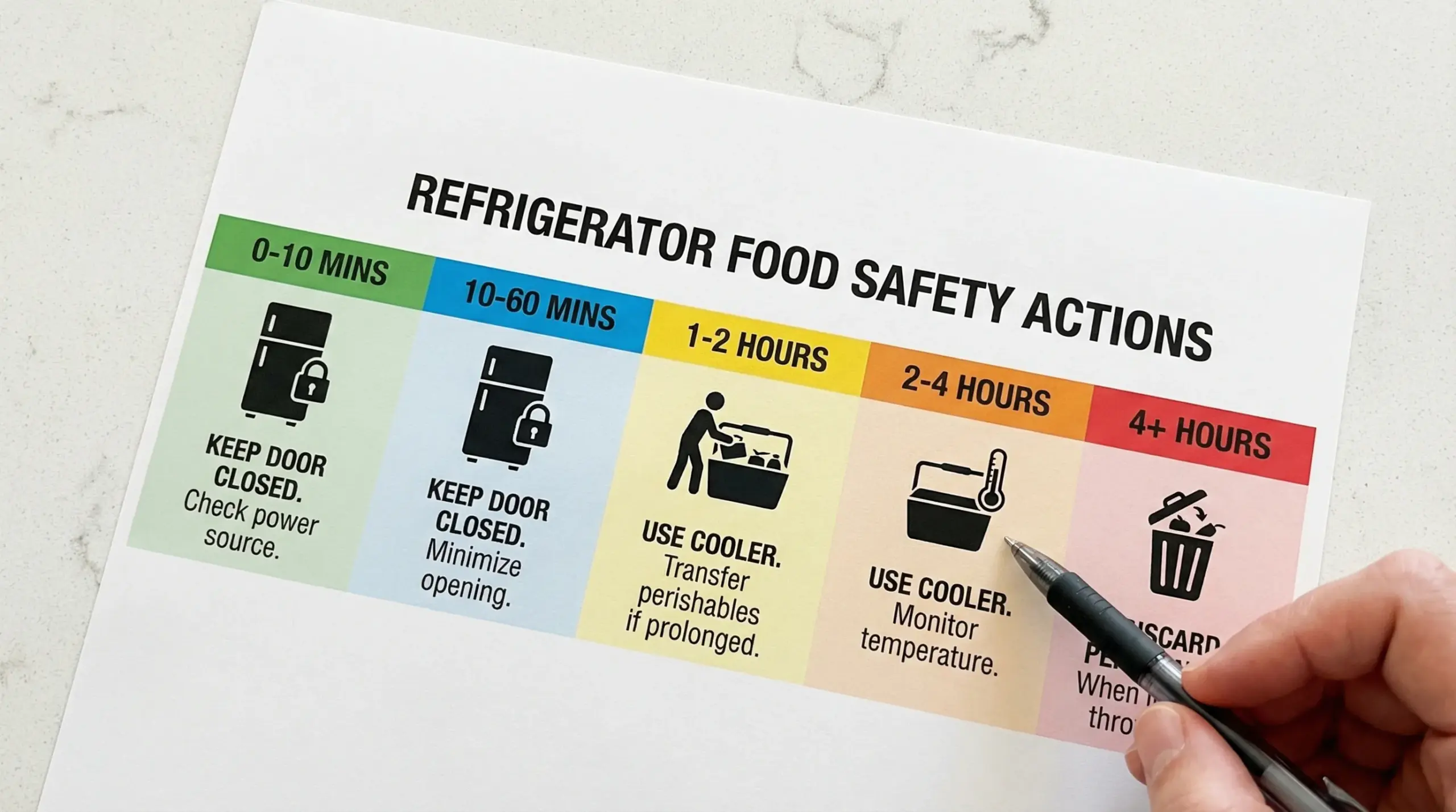 A simple timeline diagram showing refrigerator food safety actions at 0-10 minutes, 10-60 minutes, 1-2 hours, 2-4 hours, and 4+ hours, with icons for “keep door closed,” “use cooler,” and “discard perishables.”