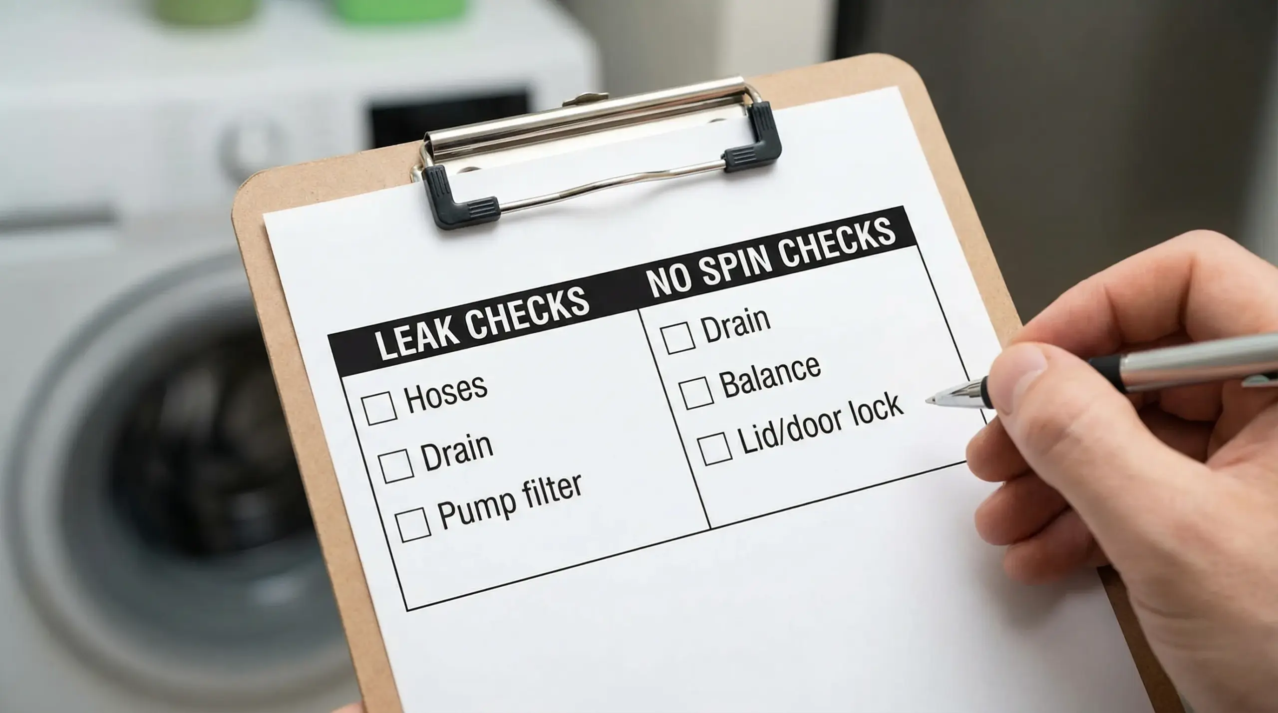 A simple two-column checklist graphic showing “Leak checks” on the left (hoses, drain, pump filter) and “No spin checks” on the right (drain, balance, lid/door lock).