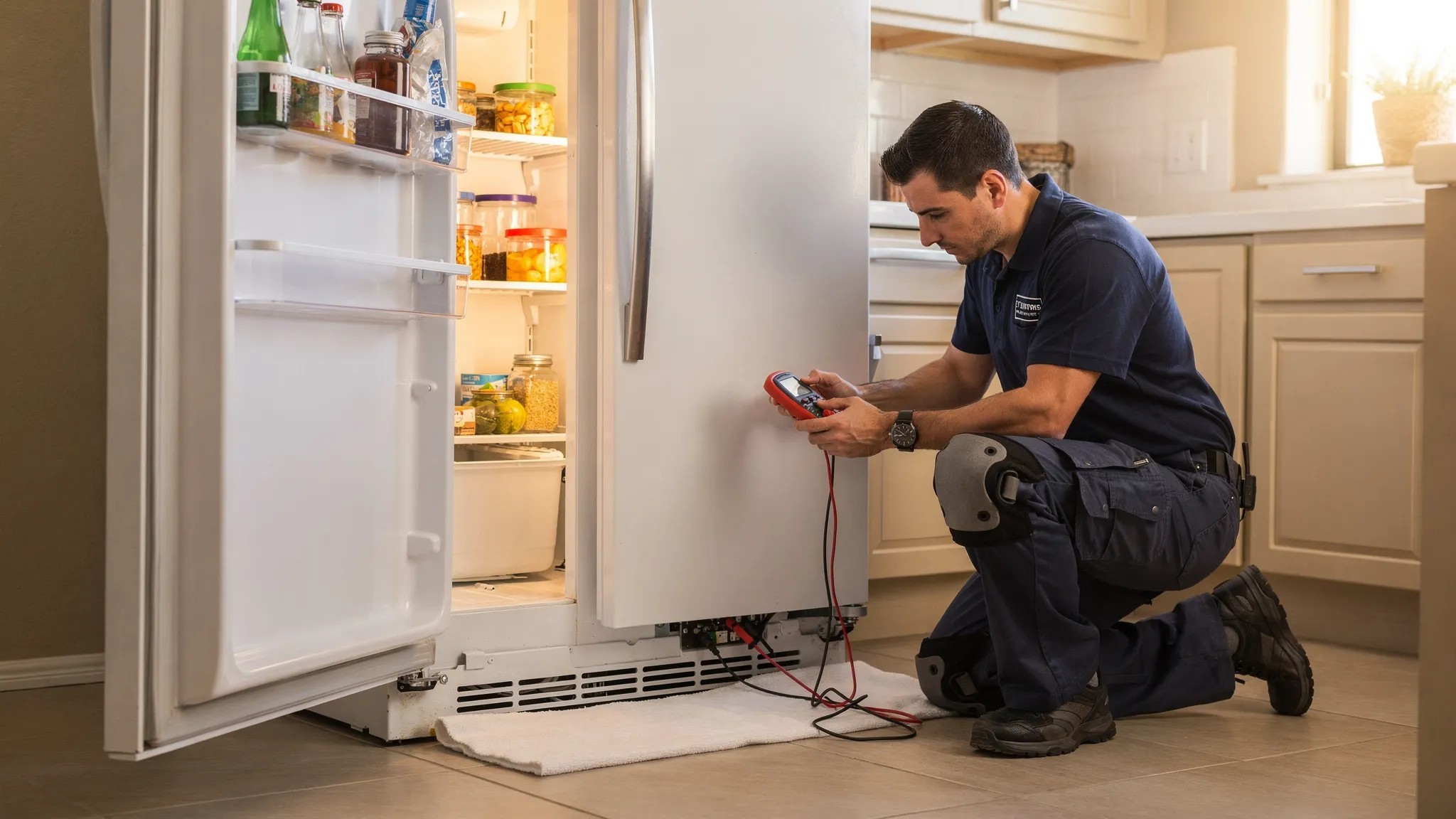 A technician kneeling beside an open refrigerator in a Phoenix kitchen, using a multimeter and inspecting the lower back panel area. The refrigerator is pulled slightly away from the wall, with a small towel on the floor to protect the surface.