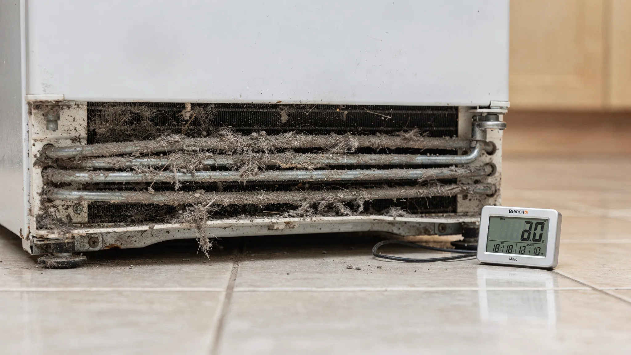 Close-up of dusty refrigerator condenser coils behind a lower front grille with a small thermometer nearby showing a high room temperature, illustrating how restricted airflow and heat increase fridge strain.