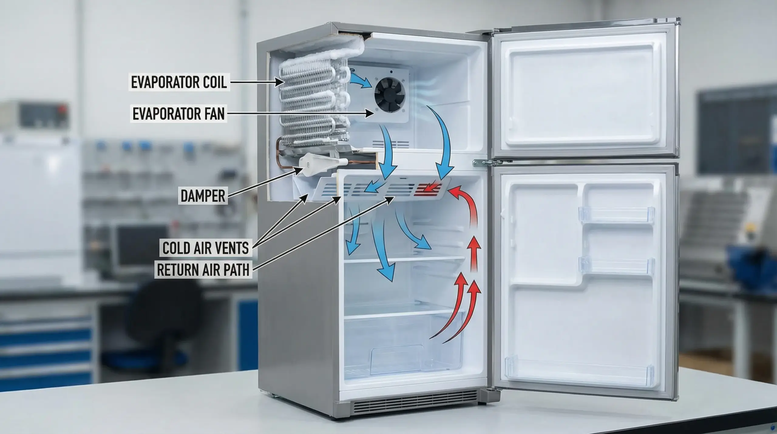 Cutaway diagram of a typical refrigerator showing the freezer evaporator coil, evaporator fan, air vents, and the damper that directs cold air into the fresh food compartment. Arrows indicate airflow from freezer to fridge and return air path.