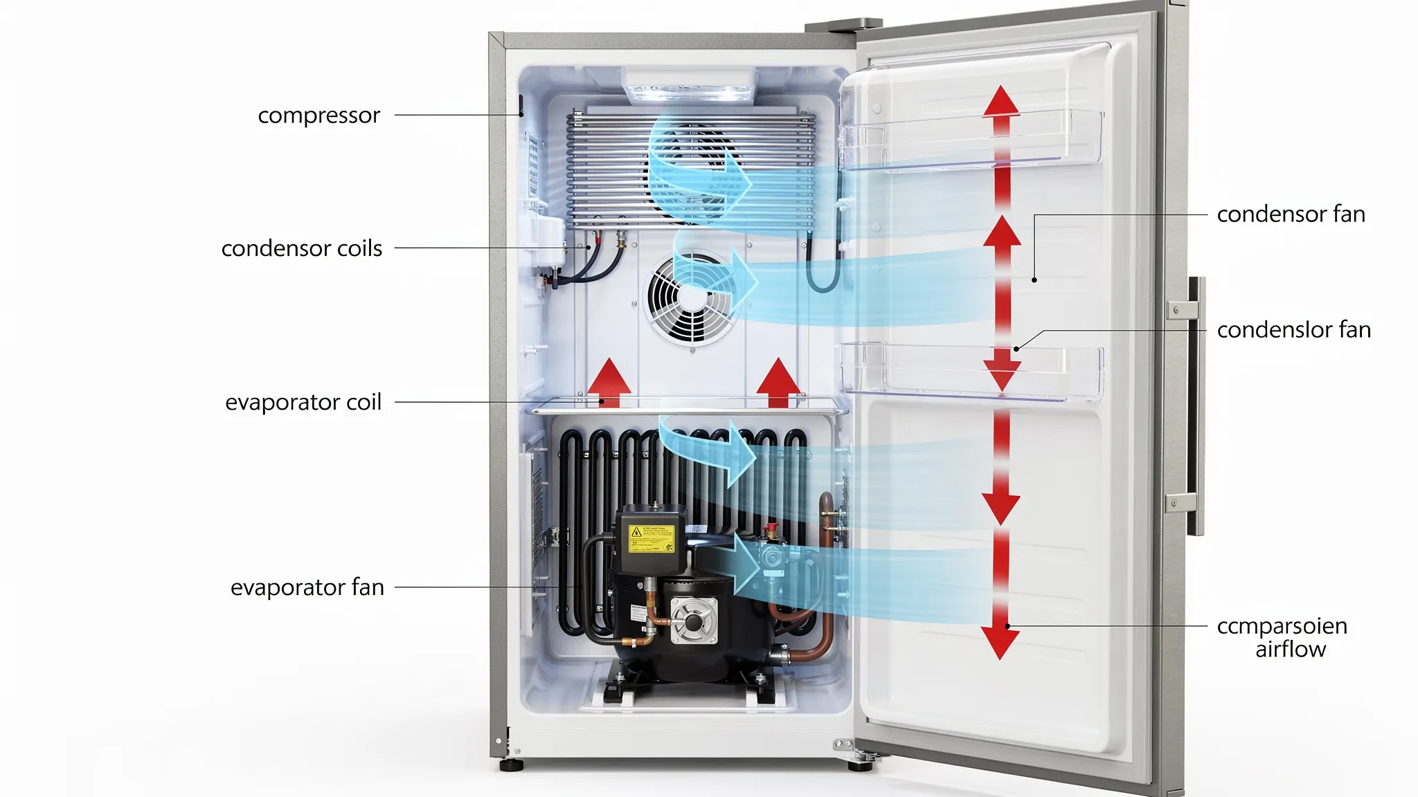 Cutaway illustration of a refrigerator showing compressor, condenser coils, evaporator coil, condenser fan, evaporator fan, and airflow paths from freezer to fridge compartment.