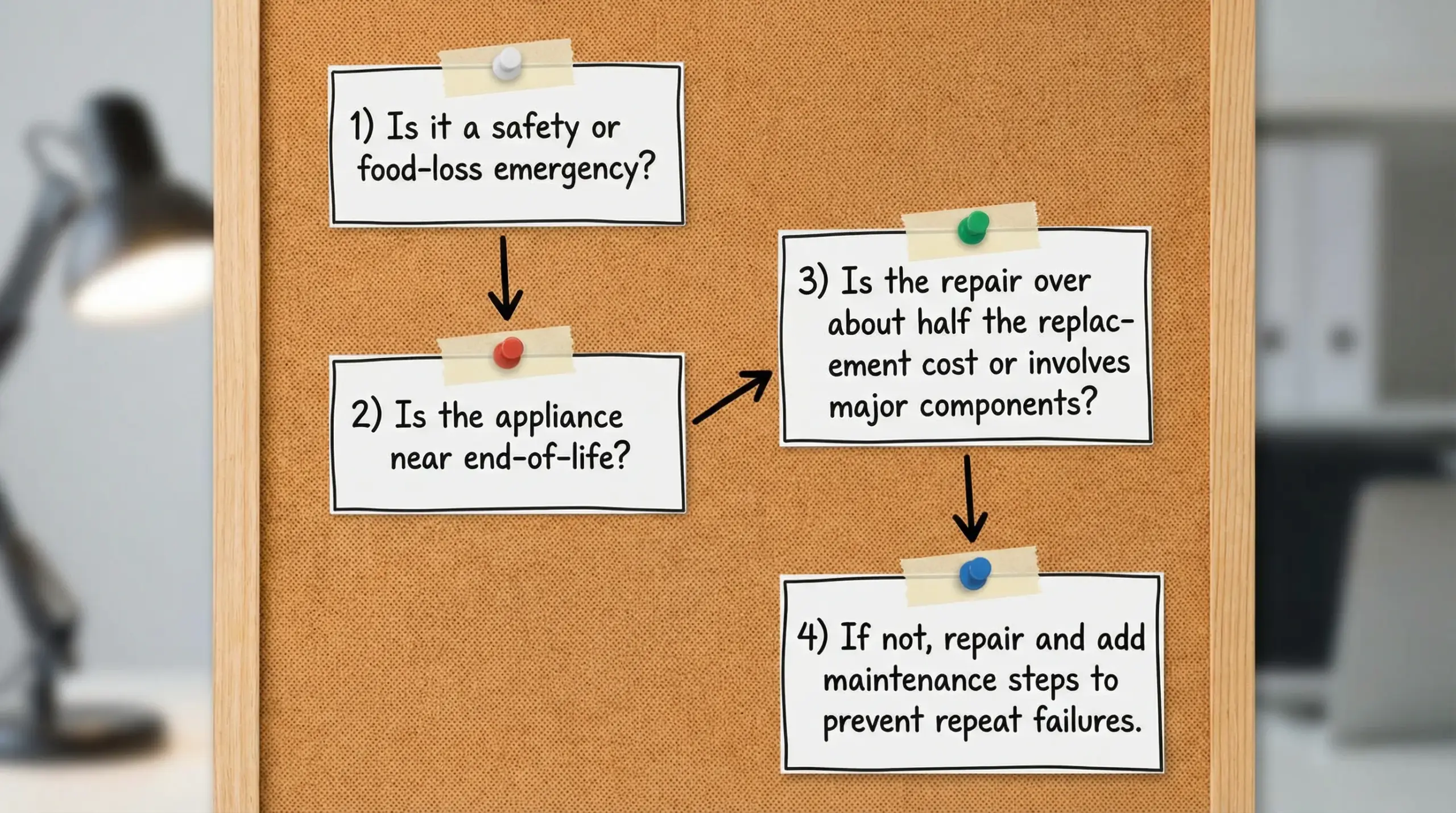 Simple repair vs replace decision tree showing four boxes: 1) Is it a safety or food-loss emergency? 2) Is the appliance near end-of-life? 3) Is the repair over about half the replacement cost or involves major components? 4) If not, repair and add maintenance steps to prevent repeat failures.