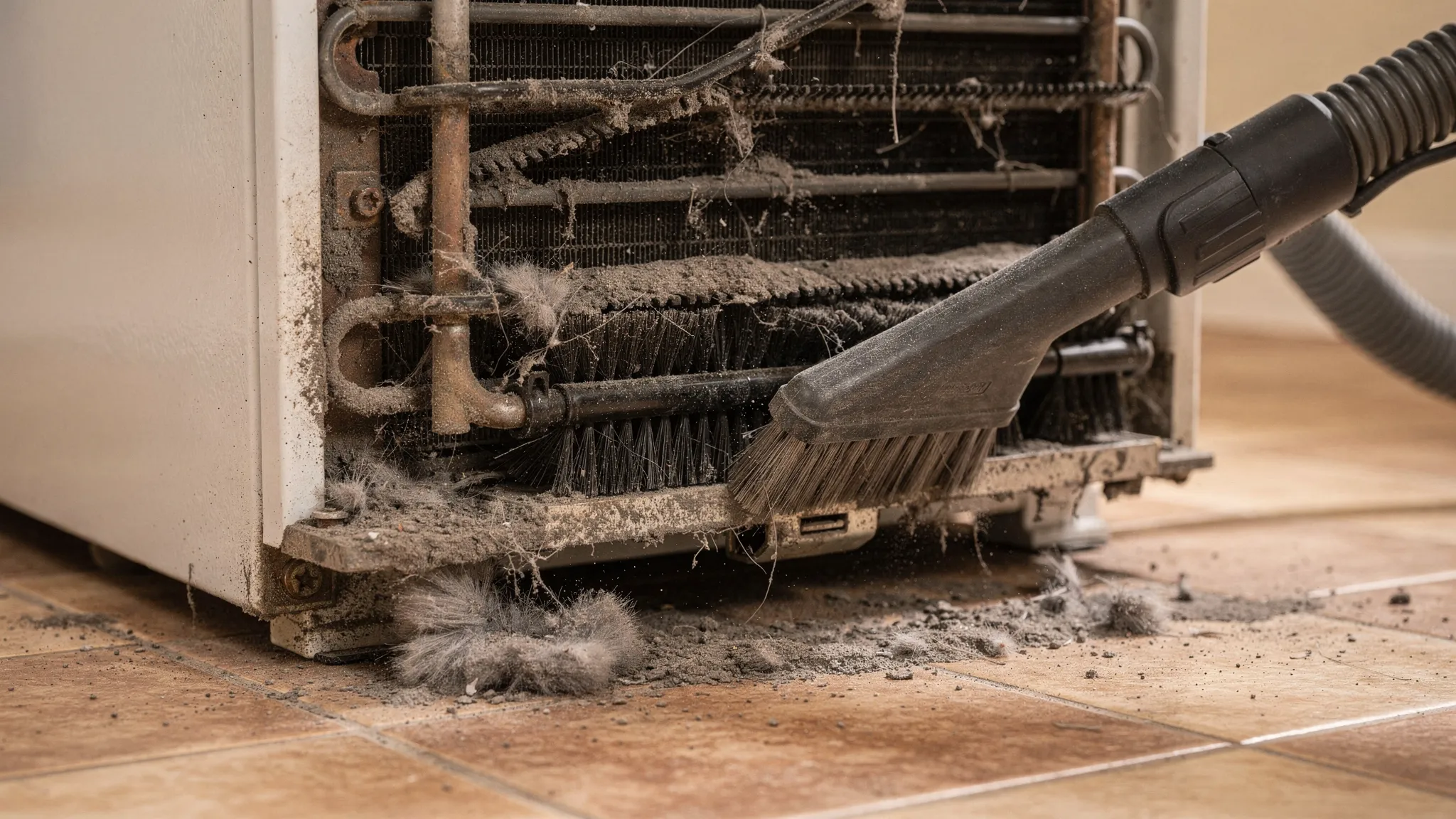 A close-up of dusty refrigerator condenser coils under the front grille being cleaned with a coil brush and vacuum attachment, showing dust buildup common in hot, dusty climates.
