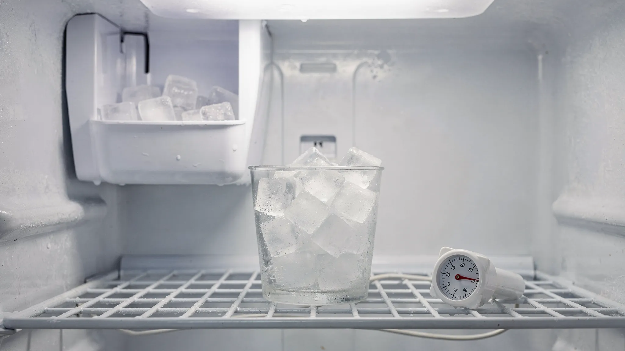 A freezer interior with an ice maker in the upper corner, a cup holding small ice cubes, and a simple thermometer placed on the shelf showing a cold reading near 0°F.