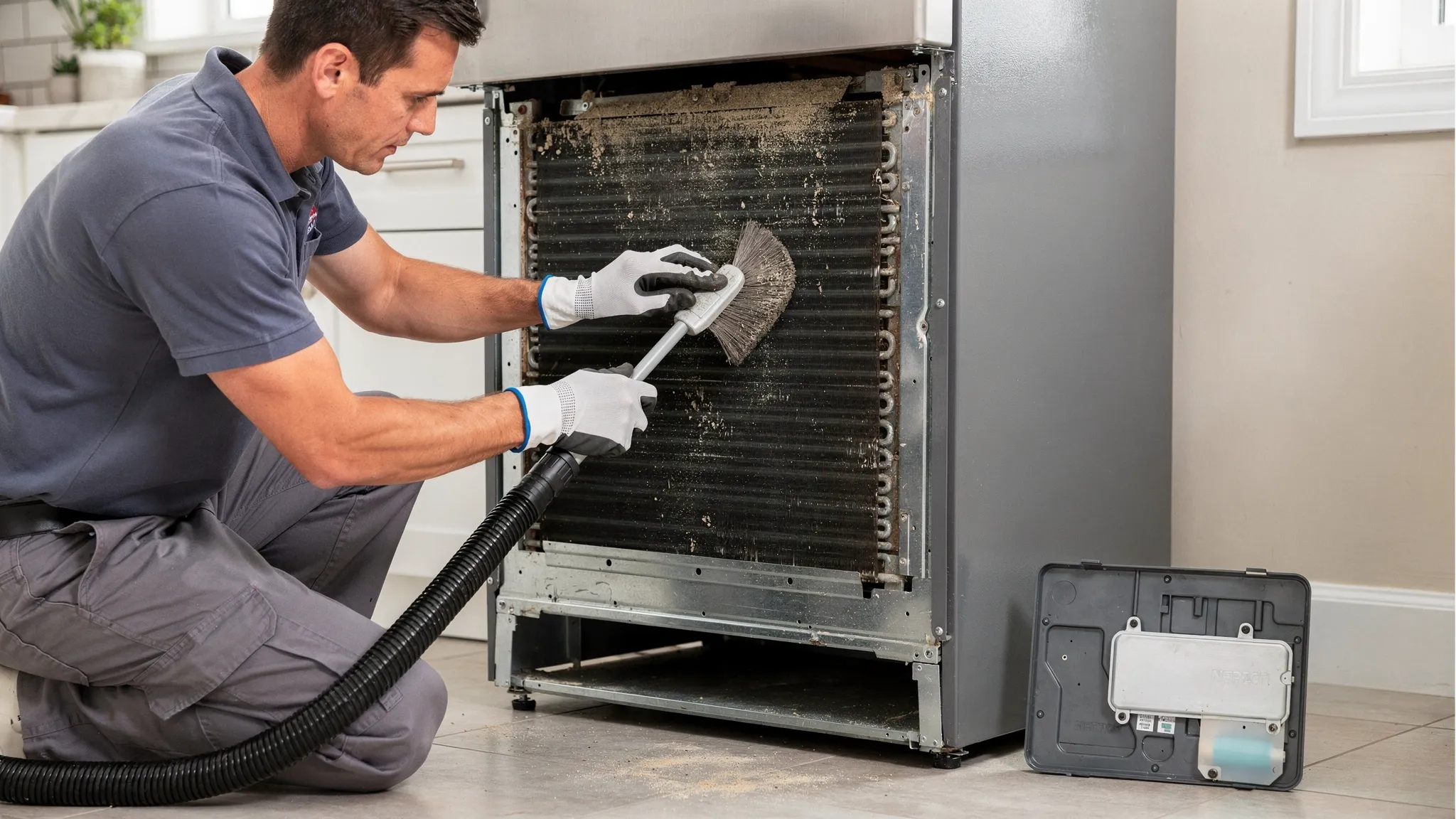 A home refrigerator pulled slightly away from the wall, showing the lower rear access panel removed with visible condenser coils and a technician using a soft coil brush and vacuum to remove dust buildup.