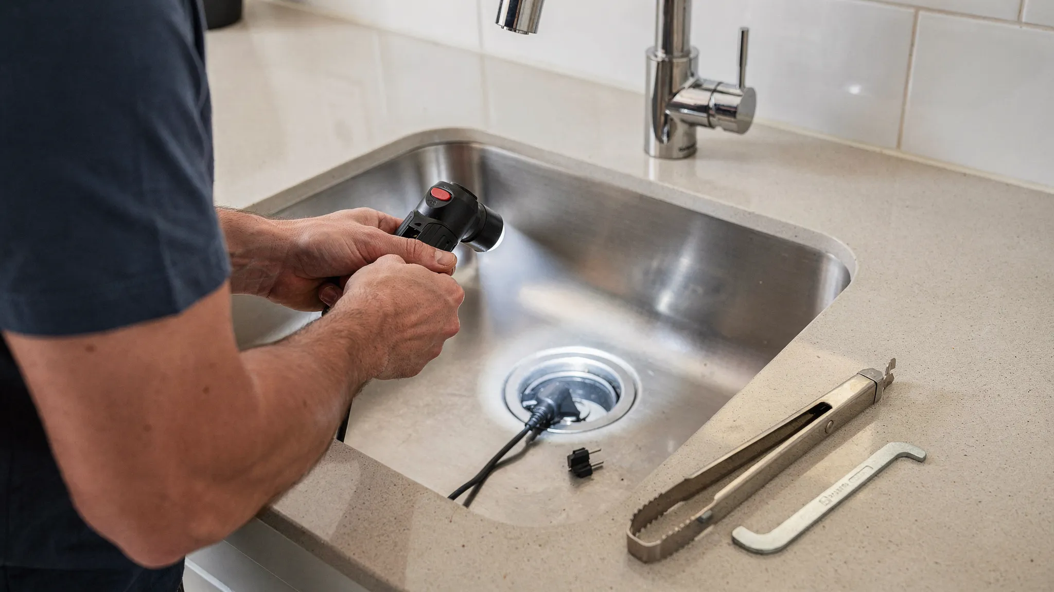 A homeowner using a flashlight to inspect a garbage disposal opening while the unit is unplugged, with tongs and an Allen wrench placed on the counter nearby.