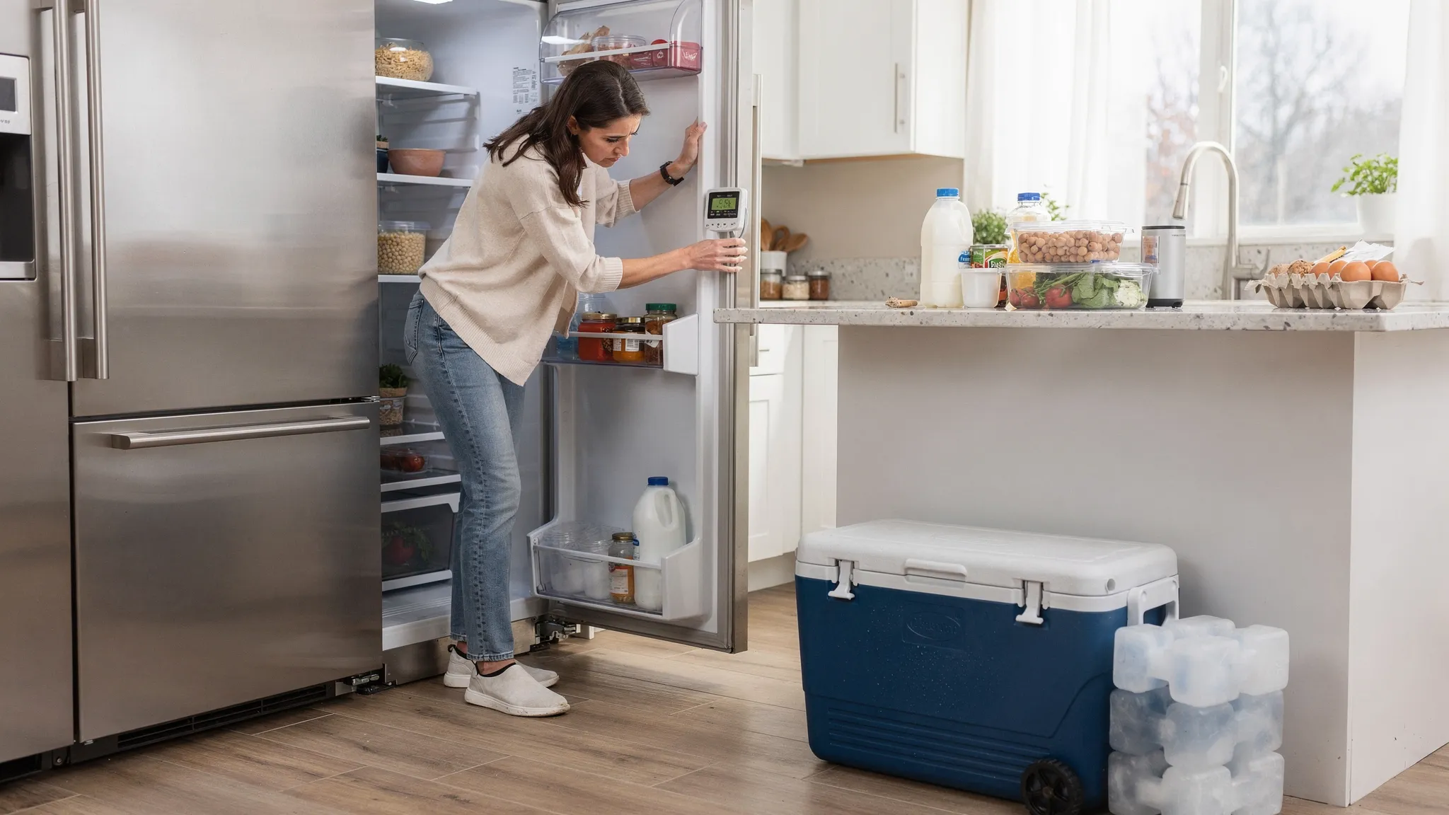 A kitchen scene where a homeowner quickly checks a refrigerator thermometer inside the fresh-food compartment while a closed cooler with ice packs sits on the floor nearby, emphasizing food-safety triage when a fridge is warming.