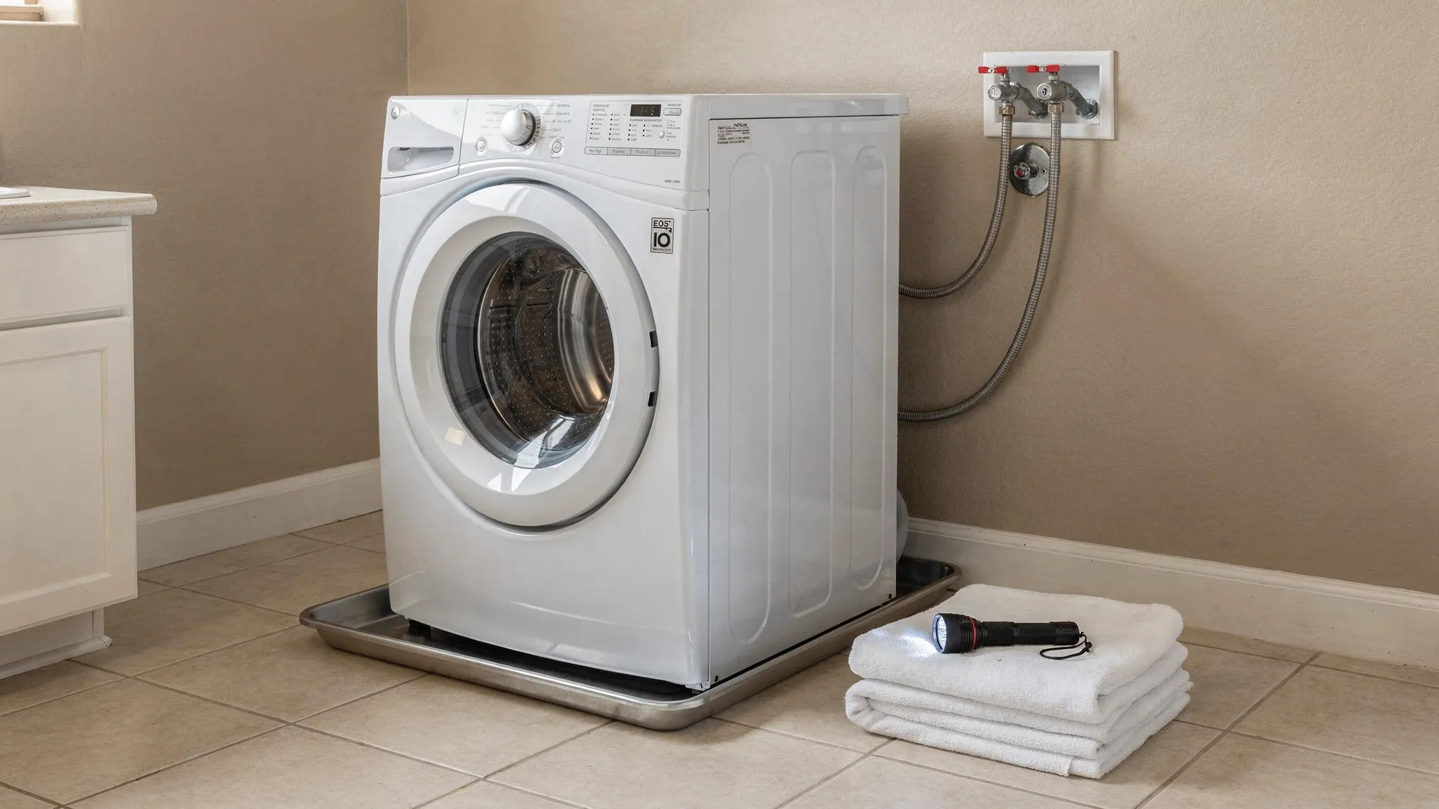 A Phoenix-area laundry room with a modern front-load washer slightly pulled forward, a shallow drip pan under the washer, a flashlight and towels nearby, and a visible water supply shutoff valve on the wall.