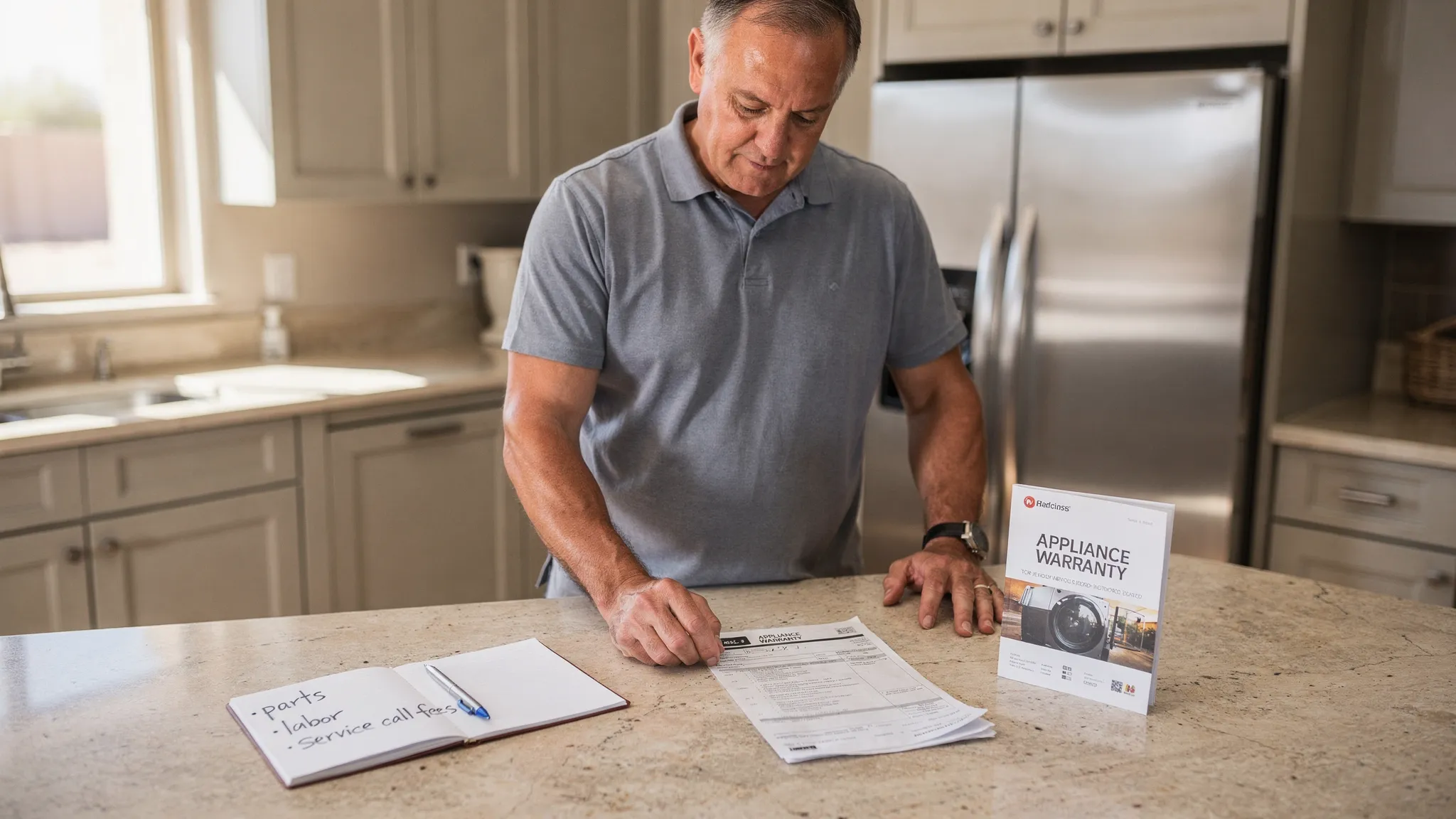A Phoenix homeowner at a kitchen counter reviewing an appliance repair invoice next to a warranty booklet, with a refrigerator in the background and a notepad listing questions about parts, labor, and service call fees.