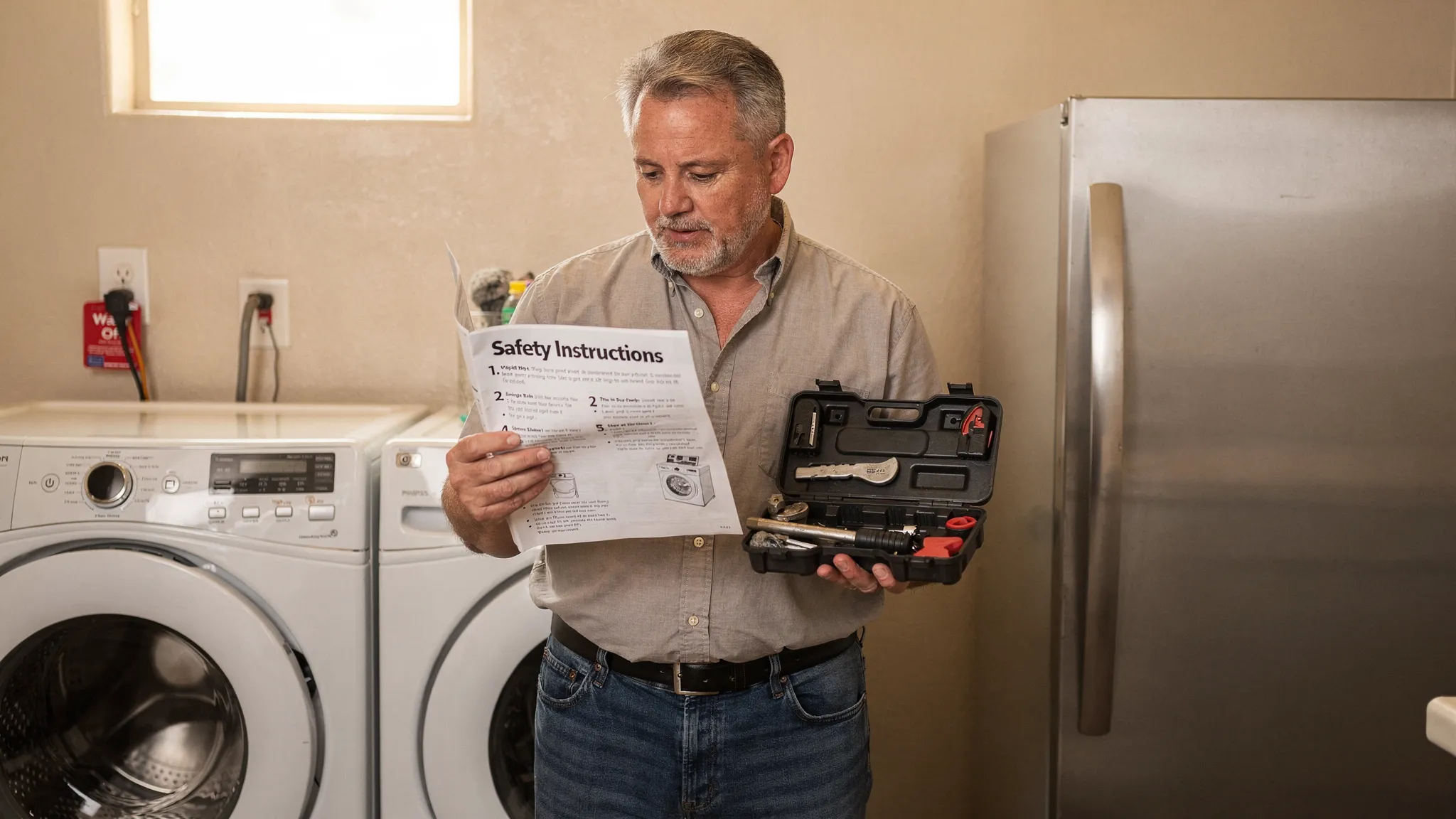 A Phoenix homeowner in a laundry room holding a small tool kit and reading an appliance manual beside a washer and refrigerator, with clear focus on safety steps like unplugging and turning off water valves.