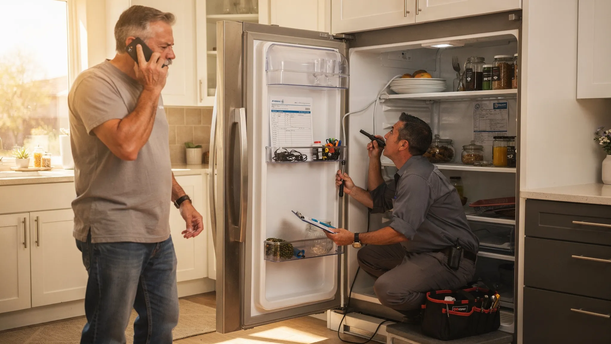 A Phoenix homeowner on a phone call with a retailer service center while an appliance technician checks a refrigerator in the kitchen, with a clipboard and model-serial label visible.