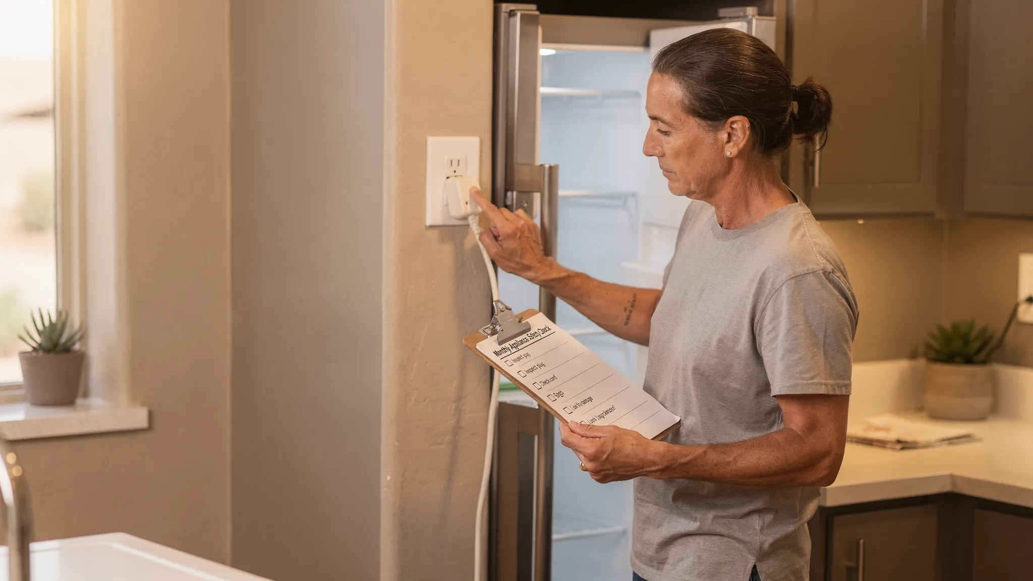 A Phoenix homeowner performing a monthly appliance safety check in a kitchen, visually inspecting an outlet and plug behind a refrigerator, with a simple checklist on a clipboard and good lighting.