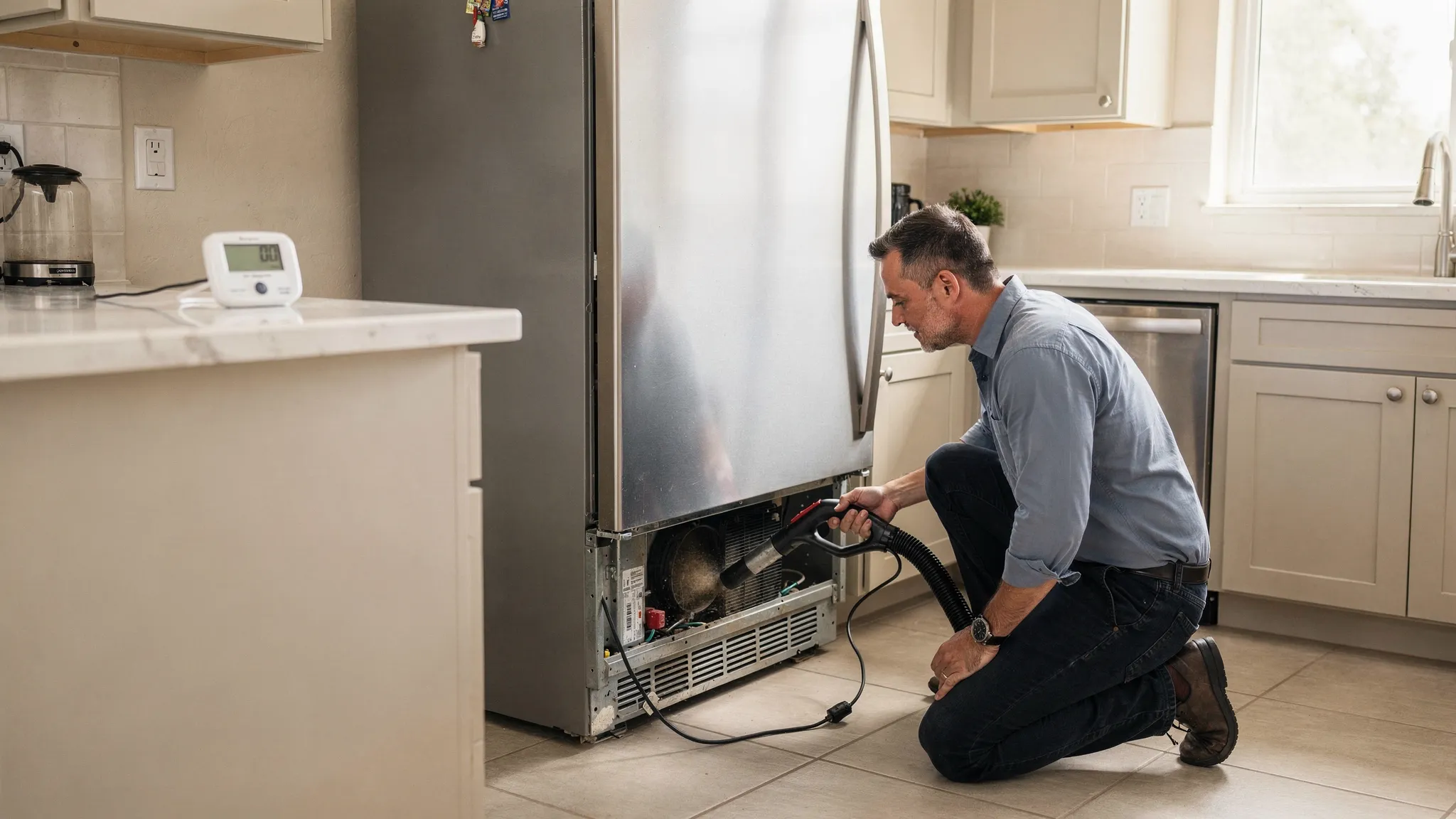 A Phoenix homeowner safely vacuuming dust from refrigerator condenser coils near the floor grill, with the refrigerator slightly pulled from the wall for airflow, and an appliance thermometer visible on a nearby counter.