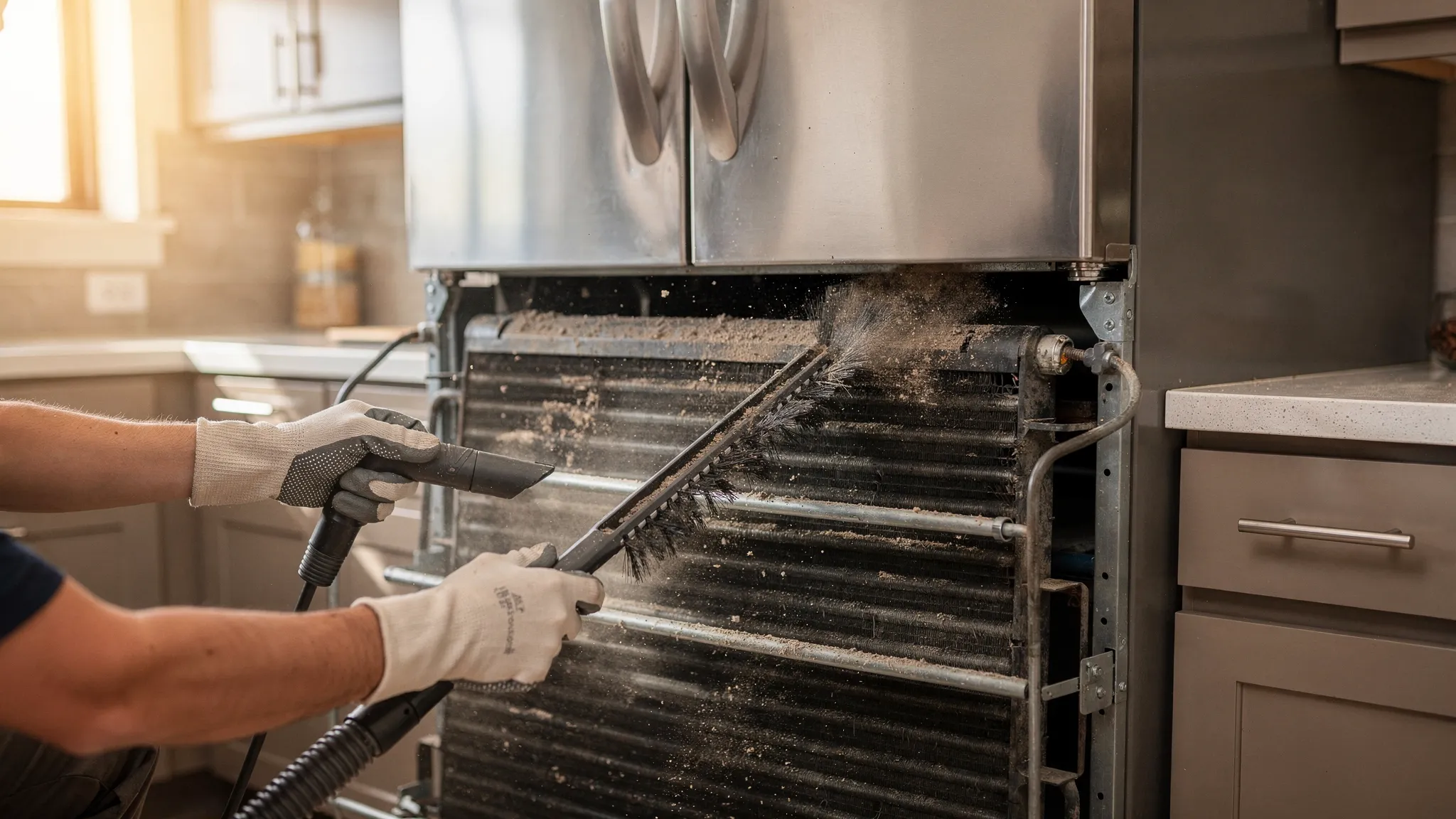 A Phoenix kitchen refrigerator pulled slightly forward with the bottom grille removed, showing dusty condenser coils being cleaned with a coil brush and a vacuum nozzle.