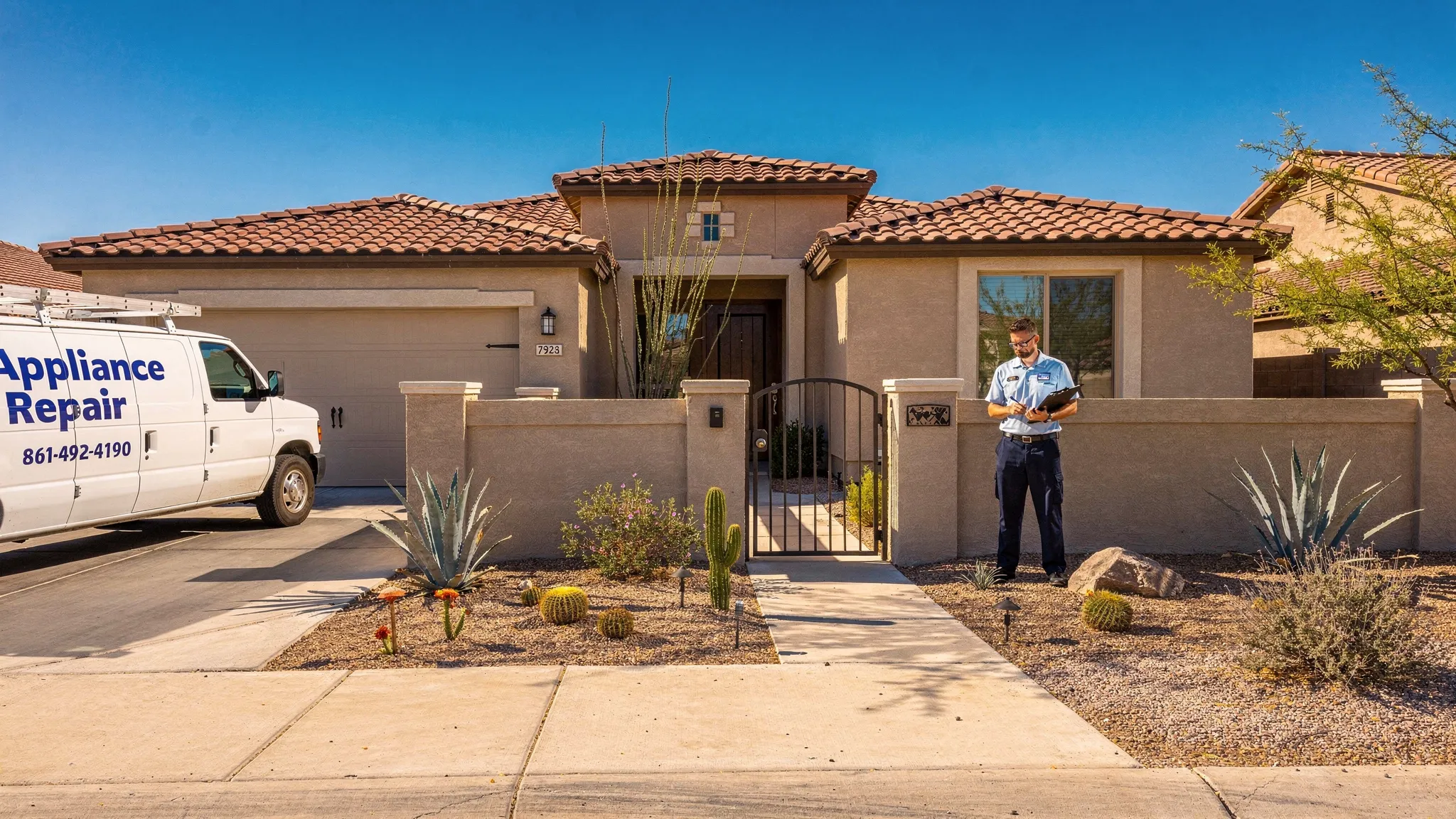 A Phoenix suburban home exterior with a clearly marked appliance repair van parked in the driveway and a technician holding a clipboard at the front gate, with desert landscaping and bright sun in the background.