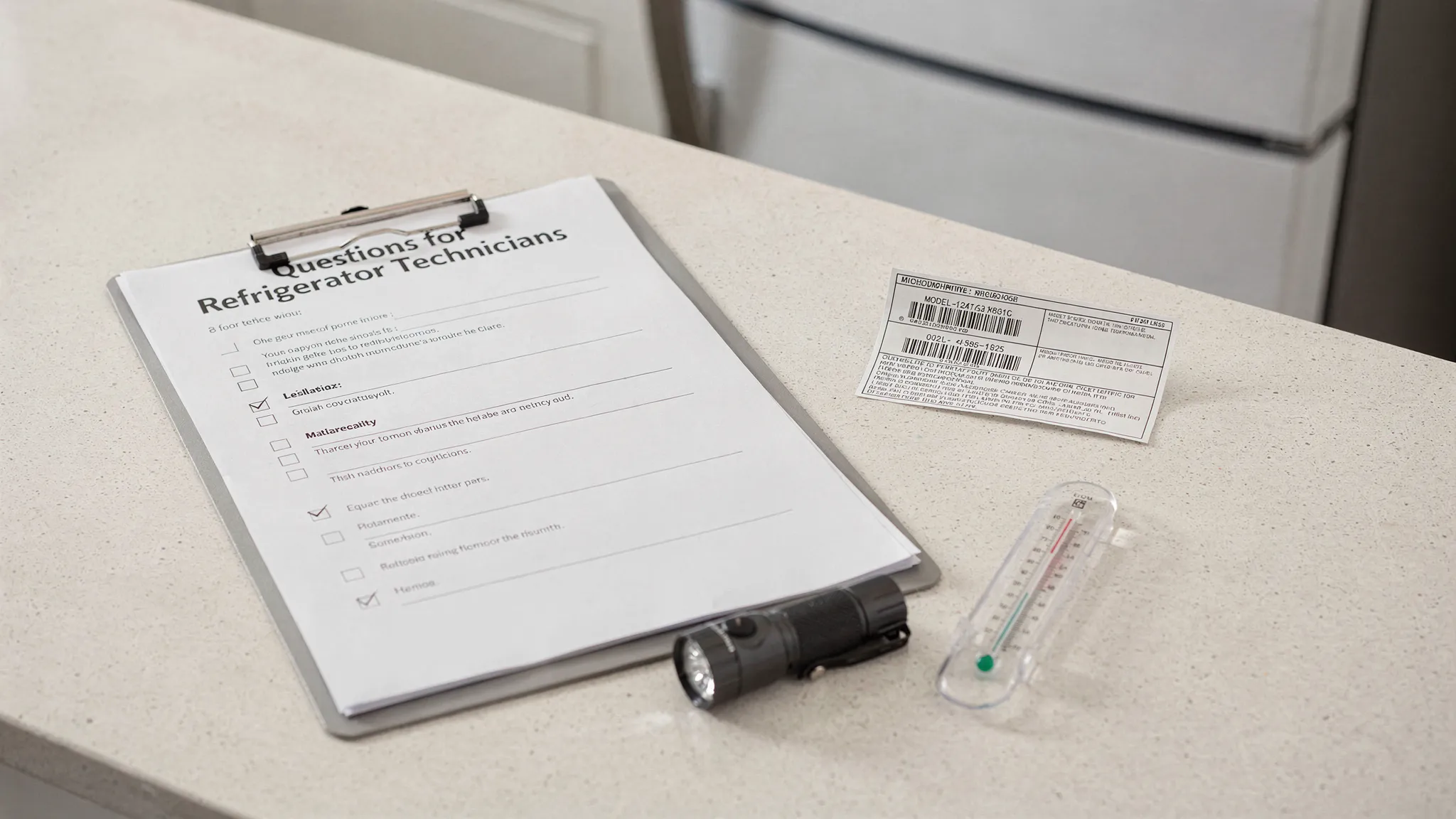 A simple checklist on a clipboard titled “Questions for Refrigerator Technicians,” next to a refrigerator model/serial label photo, a small flashlight, and a fridge thermometer on a kitchen counter.