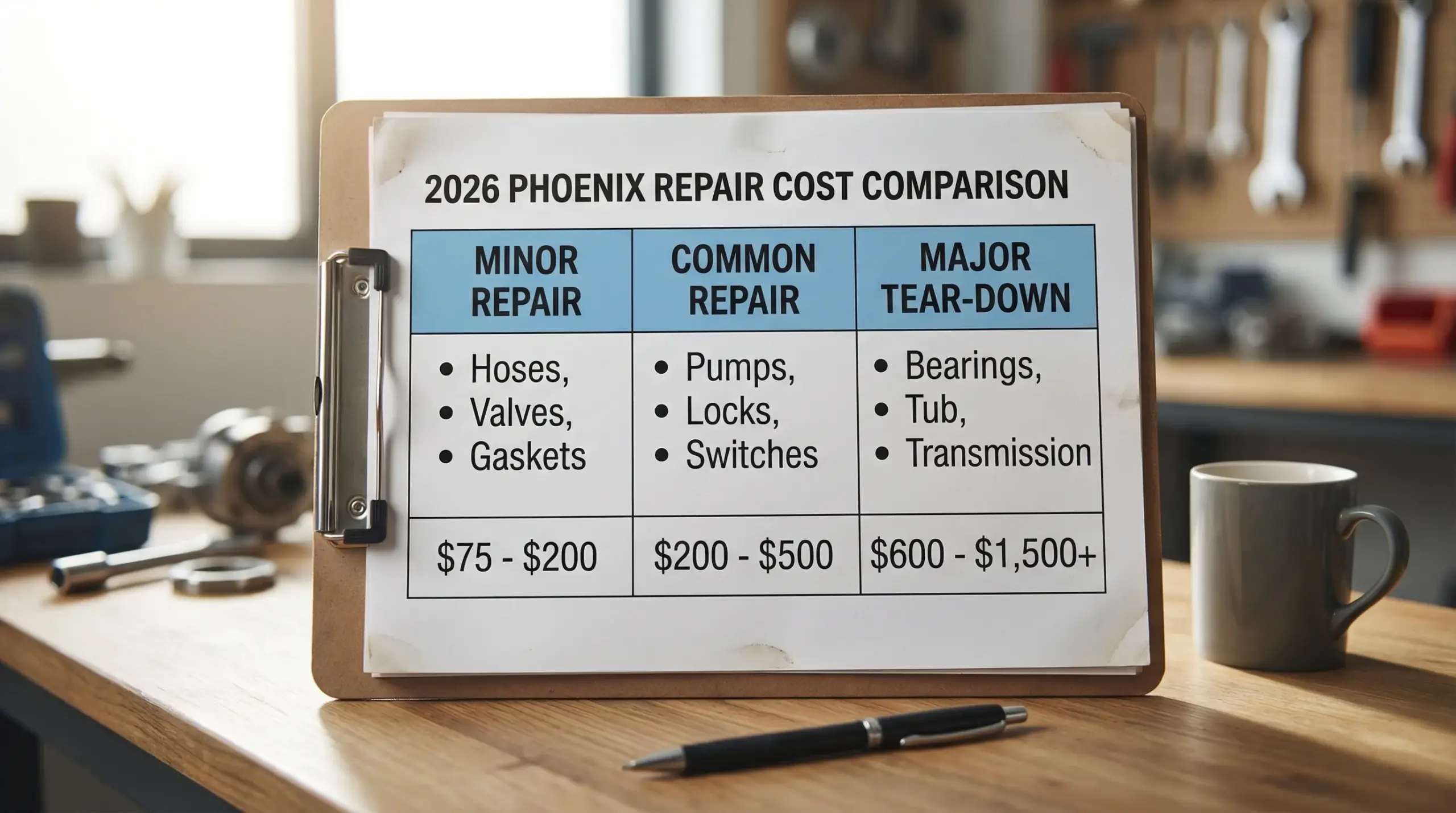 A simple comparison chart showing three columns labeled “Minor repair,” “Common repair,” and “Major tear-down,” with example problems like hoses/valves, pumps/locks, and bearings/tub, plus typical 2026 Phoenix cost ranges.