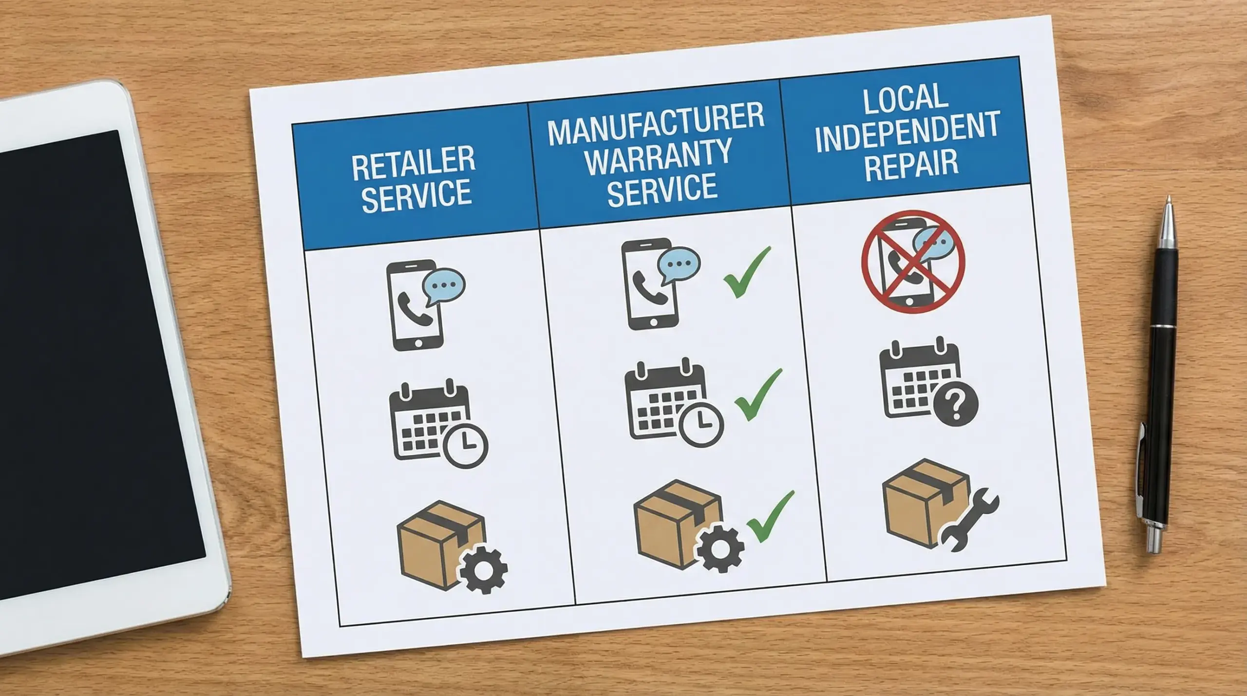 A simple comparison chart showing three paths: retailer service, manufacturer warranty service, and local independent repair, with icons for phone call, calendar scheduling, and parts box.