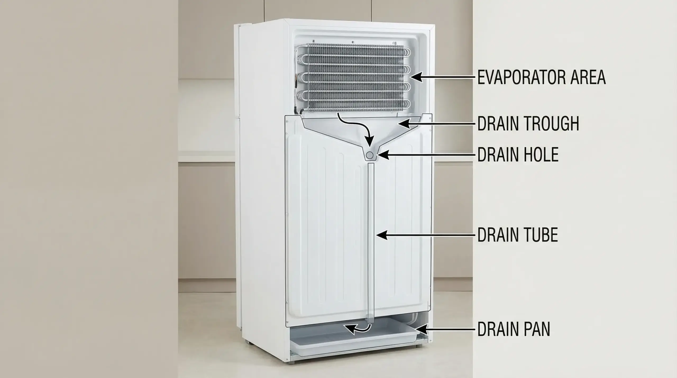 A simple cutaway diagram of a refrigerator interior showing the defrost water path: evaporator area to drain trough and drain hole, down a vertical drain tube, to the drain pan underneath the fridge. Labels are minimal and clear.