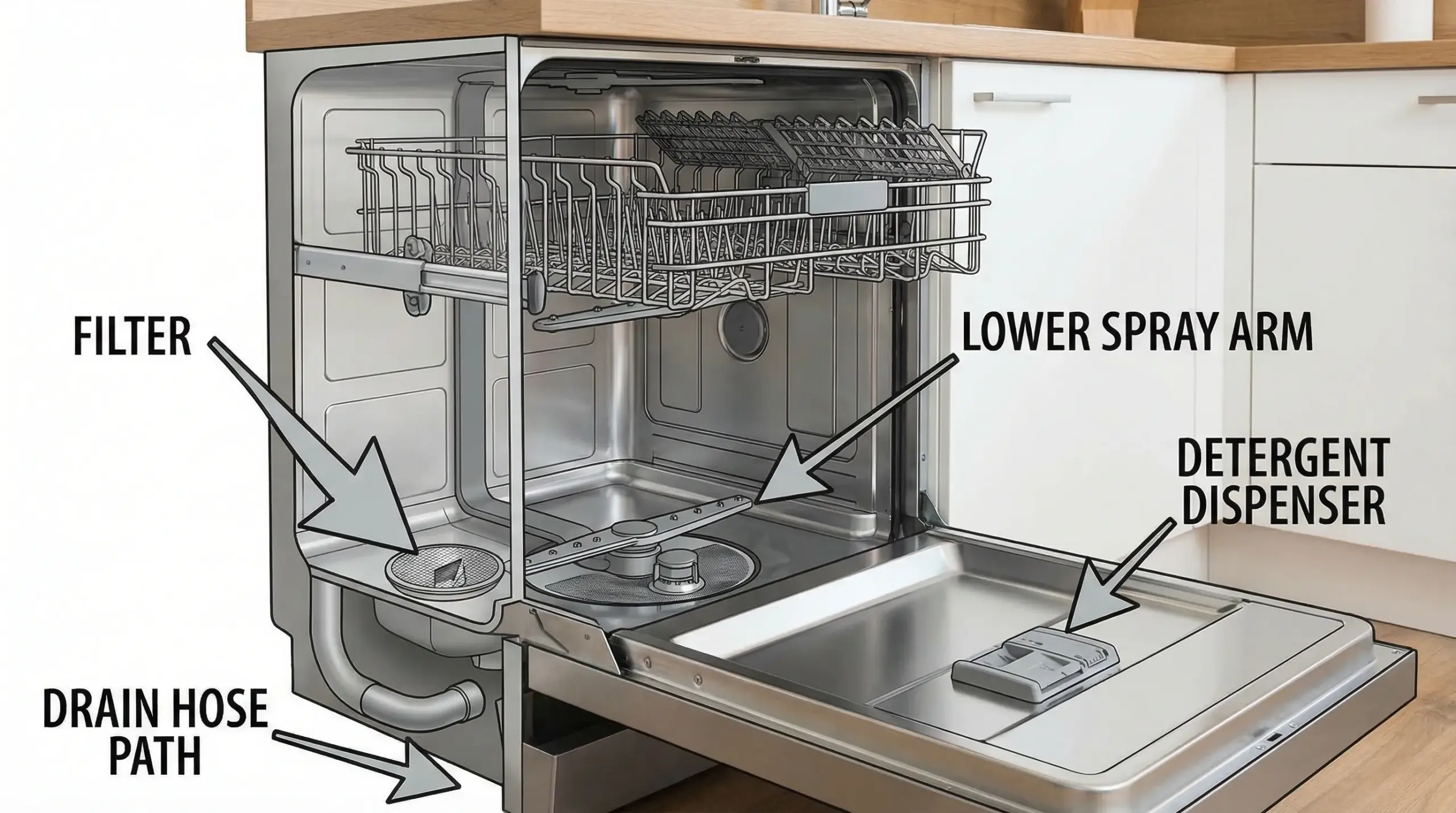 A simple labeled cutaway diagram of a dishwasher showing the filter location, lower spray arm, upper spray arm, detergent dispenser, and drain hose path, with fewer than five labels.