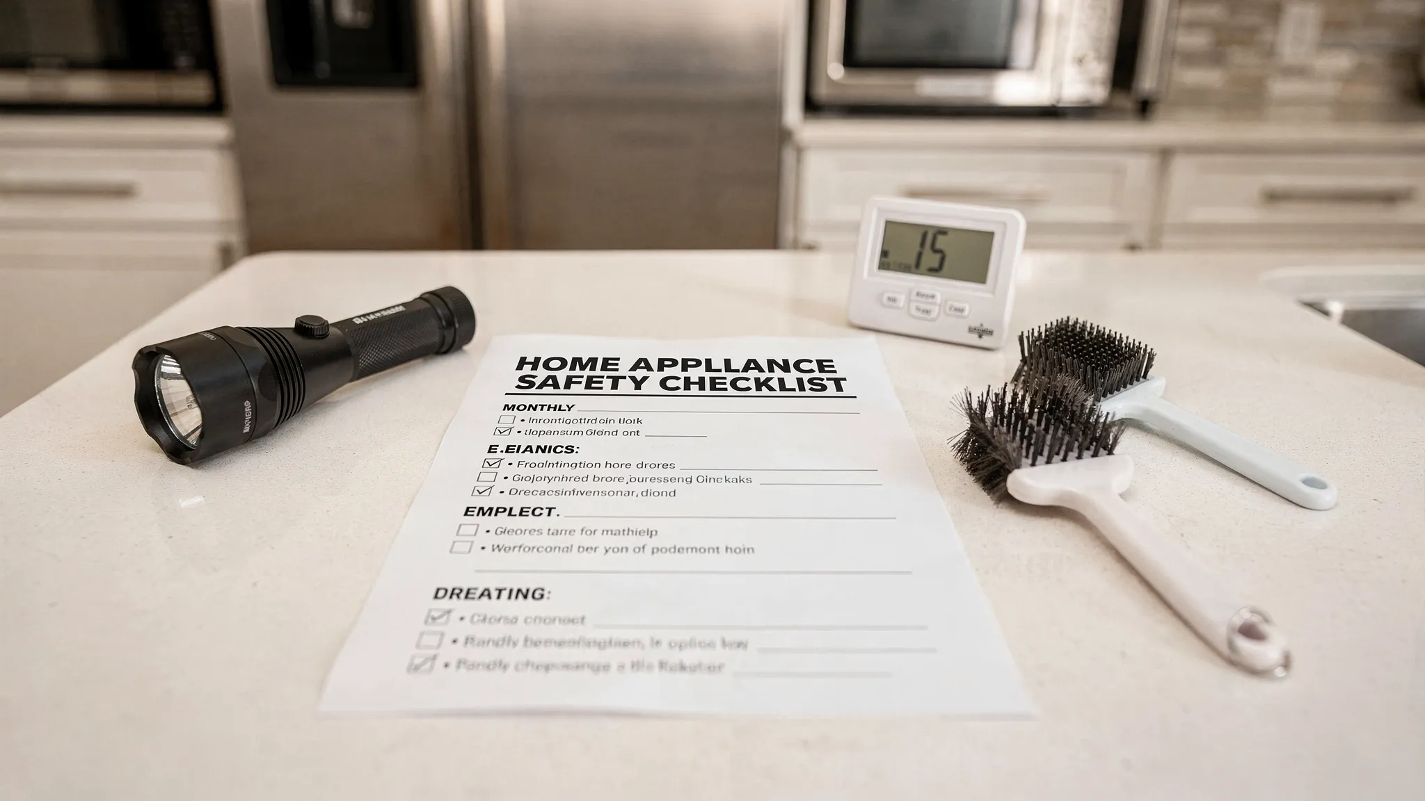 A simple monthly home appliance electrical safety checklist laid out on a kitchen counter with common items: a flashlight, a small thermometer for the fridge, and a lint brush, with appliances in the background.