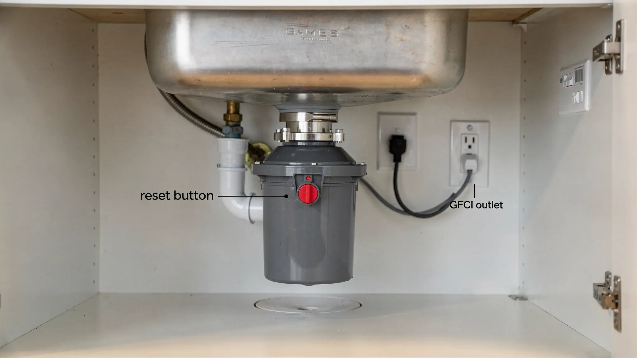 A simple under-sink view showing a garbage disposal with labeled reset button, power plug, and a nearby GFCI outlet on the cabinet wall.