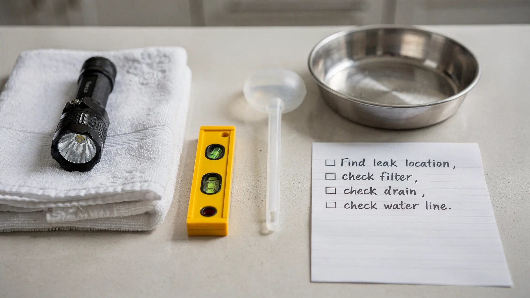A simple visual checklist on a countertop showing a flashlight, towels, a small level, a turkey baster, and a shallow pan next to a note that says “Find leak location, check filter, check drain, check water line.”