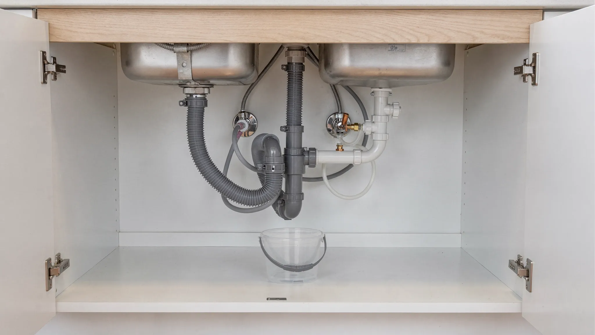 An under-sink view showing a dishwasher drain hose routed in a high loop, secured to the underside of a countertop, connecting into a garbage disposal inlet, with an air gap hose visible and a small bucket placed below for leak-safe inspection.